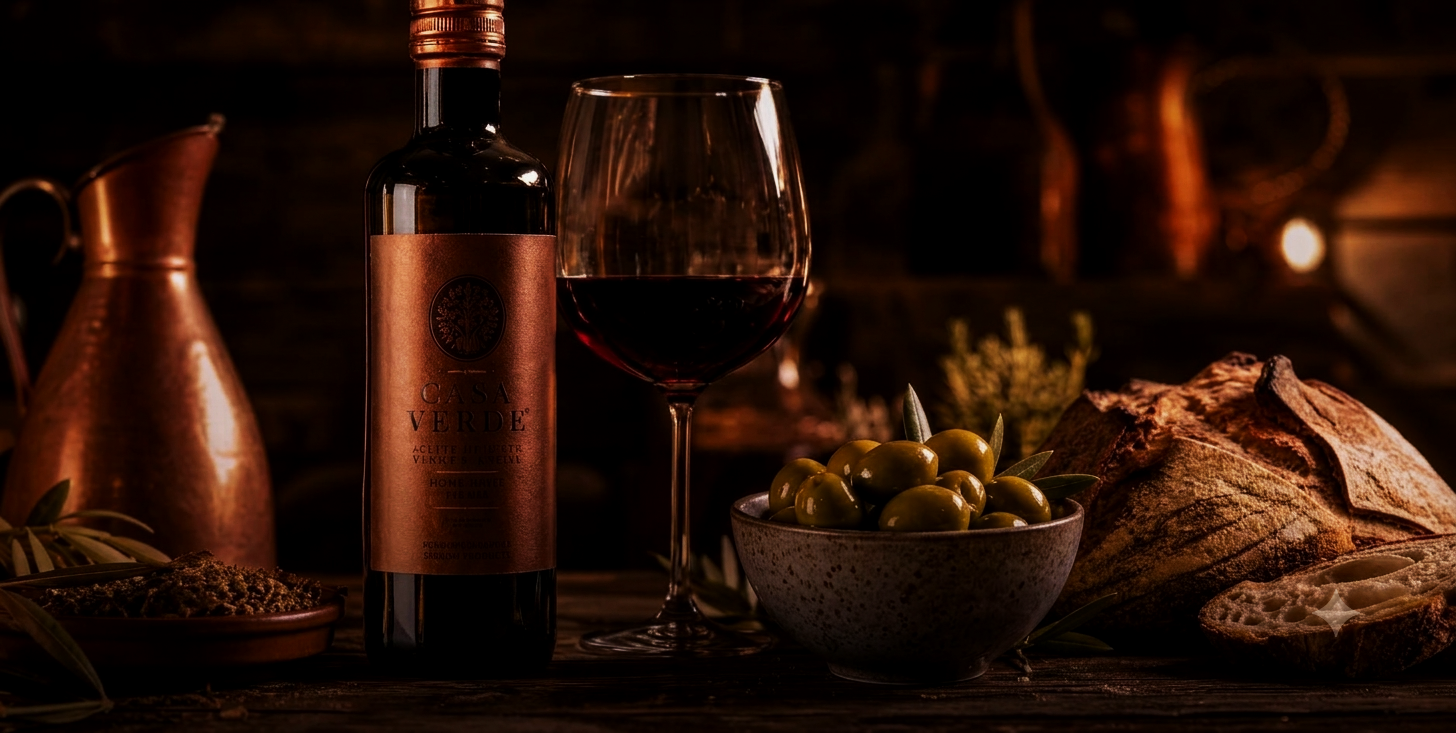 Una botella de vino tinto, un vaso de vino, una bowl con aceitunas verdes, pan rústico y una jarra de cobre, en un ambiente cálido y oscuro.
