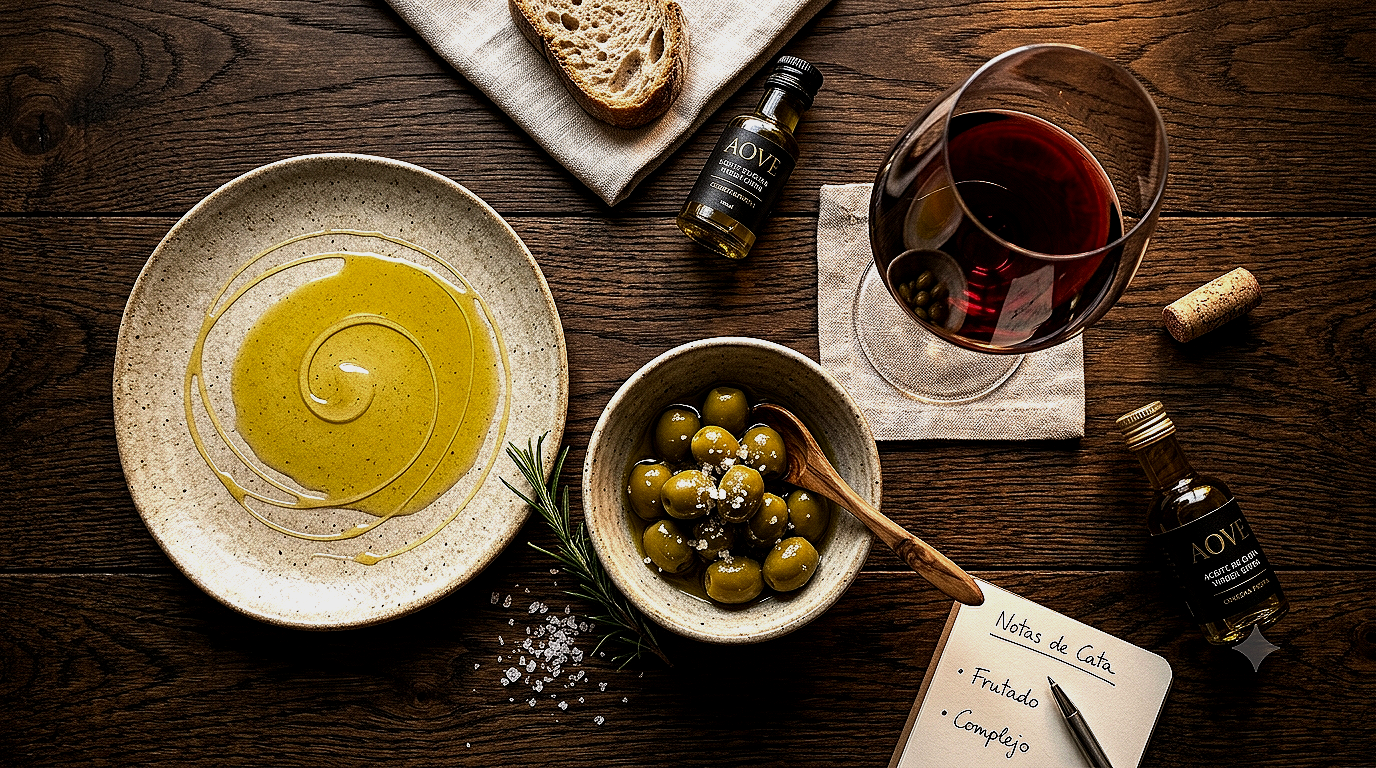Tabla con aceite de oliva, aceitunas verdes, copa de vino tinto, pan, y frascos de aceites gourmet, junto a notas de cata y sal marina.