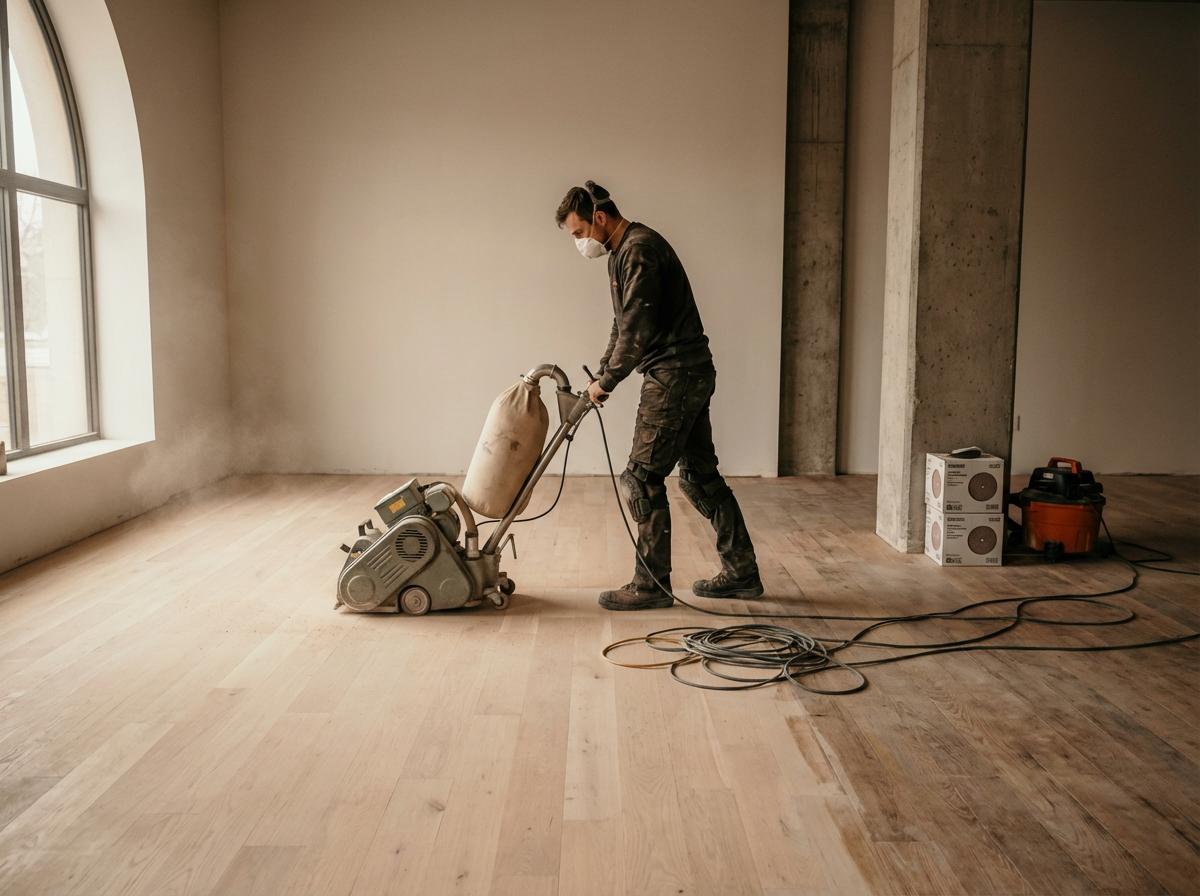 A man in work clothes and a face mask is operating a floor grinding machine on a wooden floor in an unfinished room with a large window and concrete pillars.