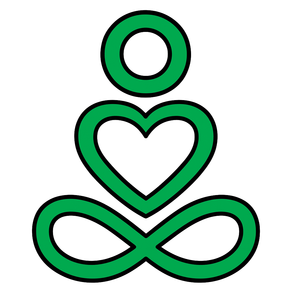 Green outline of a person in yoga pose with a heart in the chest area, sitting cross-legged.