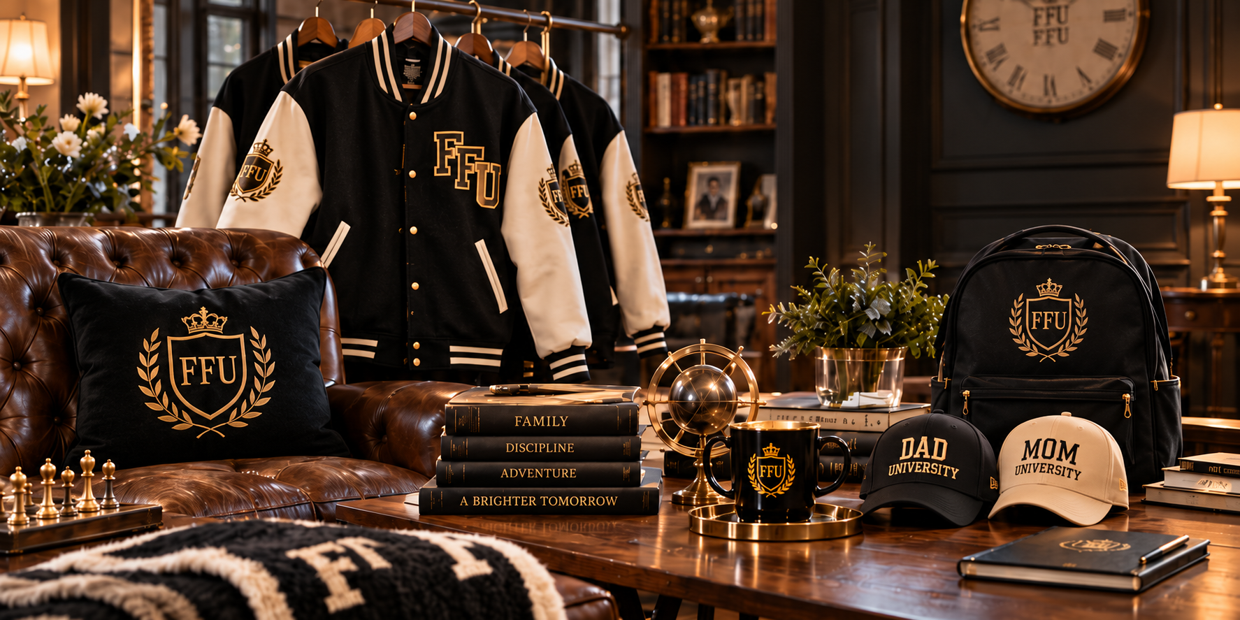 FFU varsity jackets, hats, backpack, pillow and home accessories in a warm university study