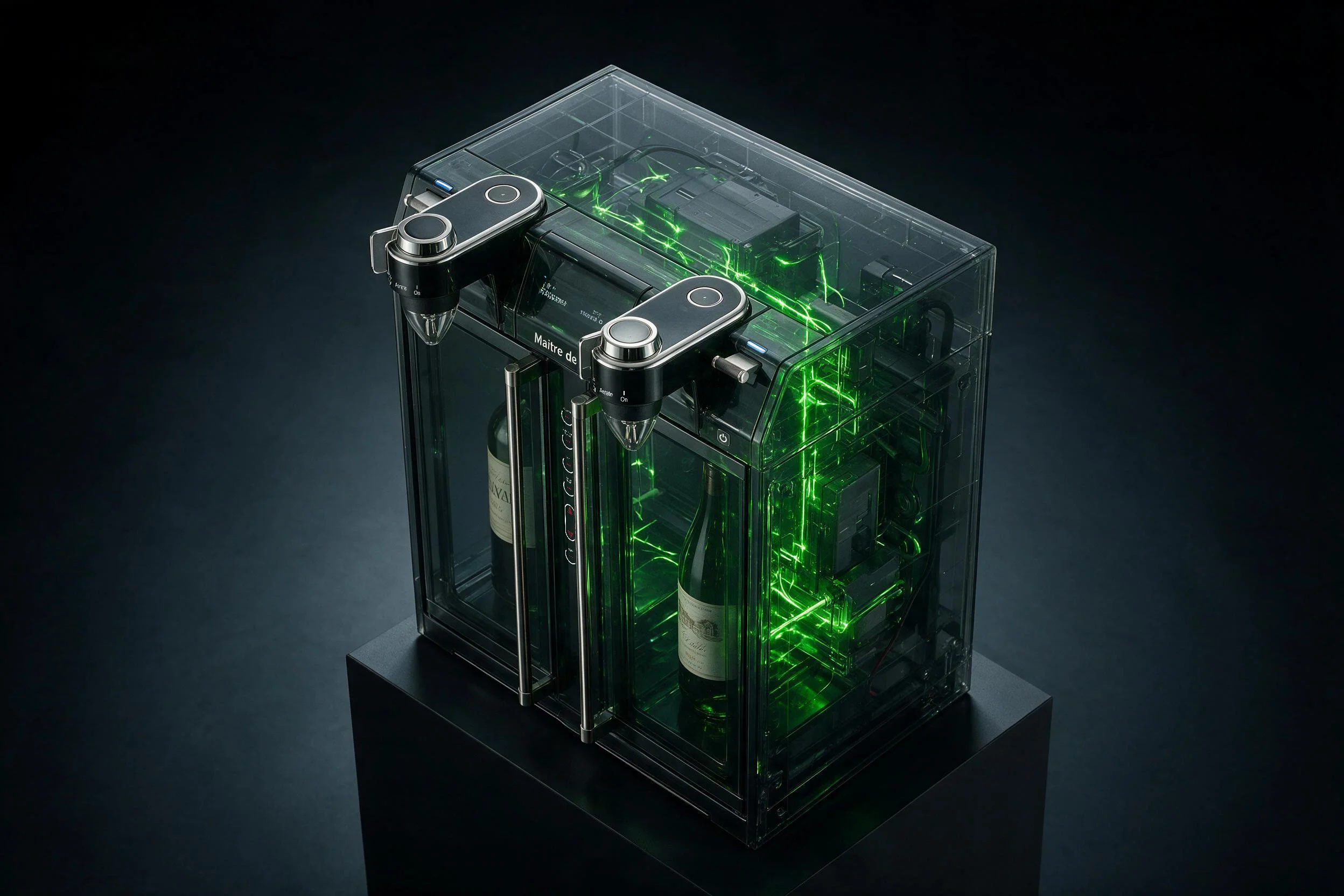 A high-tech wine preservation device with a transparent casing revealing internal green electrical circuits and components, with two wine bottles inside.