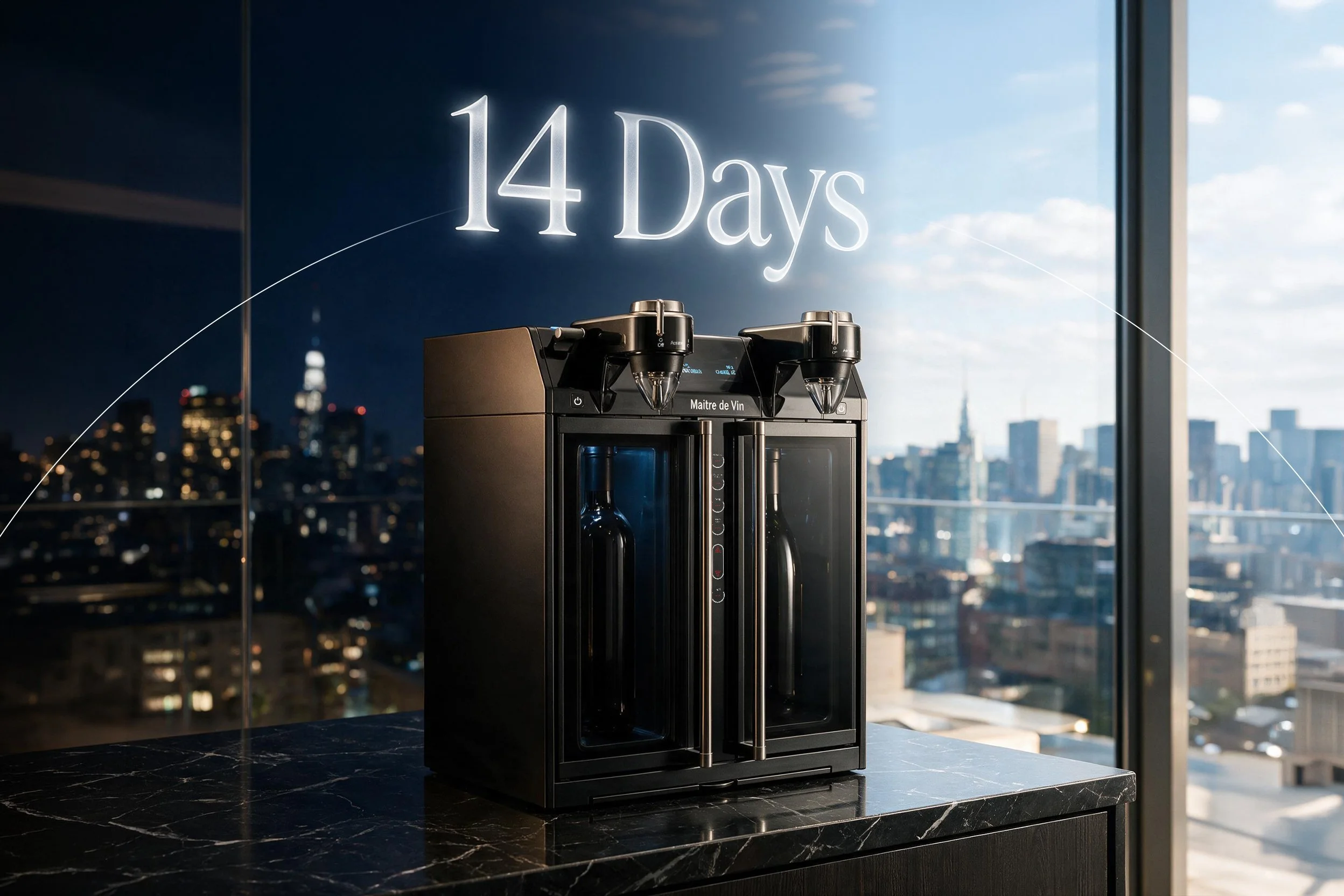 A coffee machine on a black marble countertop in a high-rise building with a cityscape view, illuminated by daylight, with a neon sign saying '14 Days' in the background.