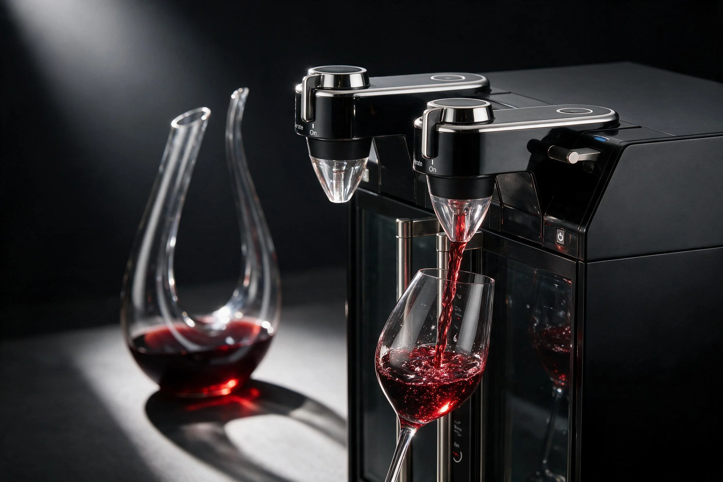 A modern espresso machine pouring red wine into a wine glass, with another wine glass nearby and a wine decanter with red wine on a dark background.