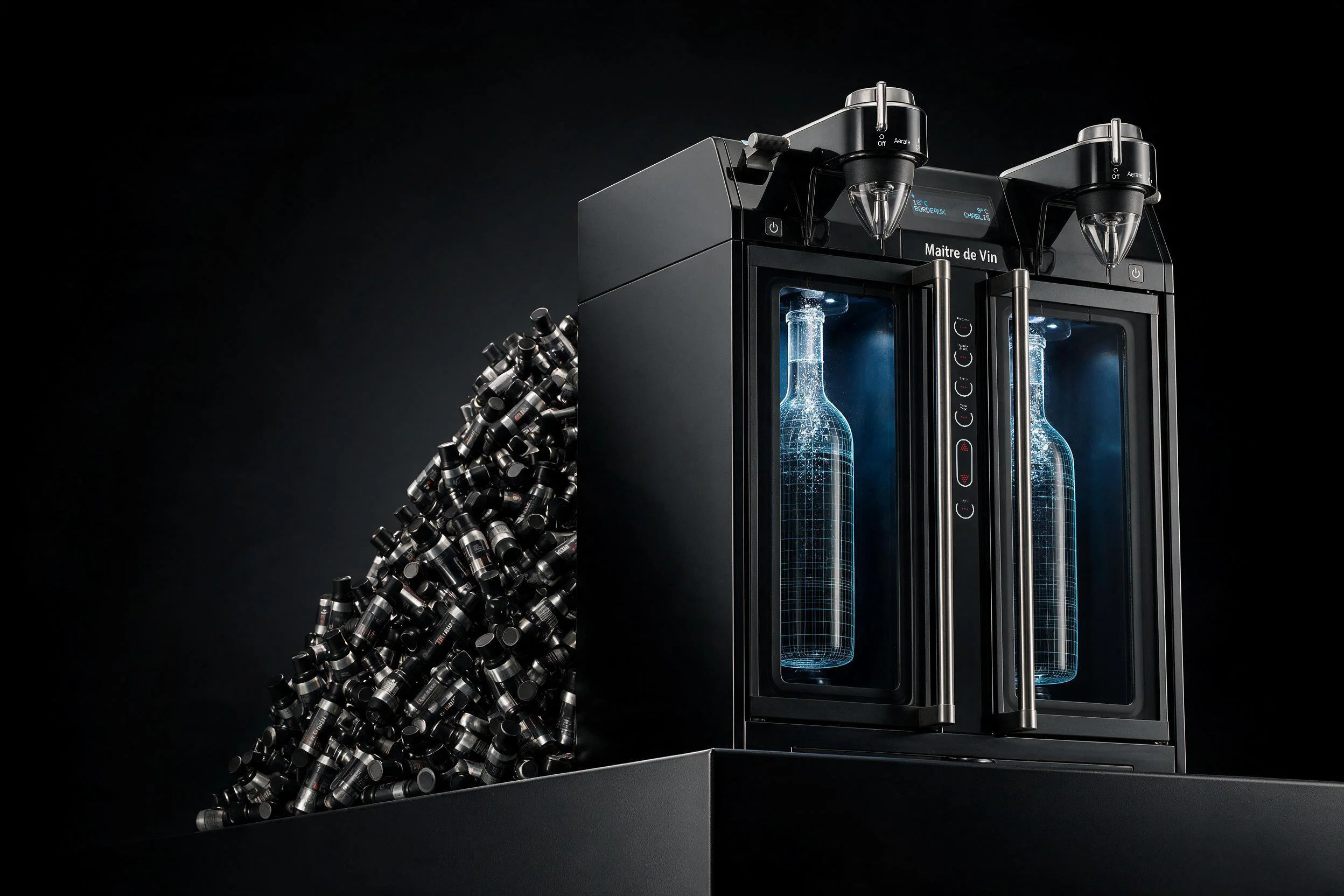 A machine used for testing champagne bottles, with a pile of champagne caps next to it.