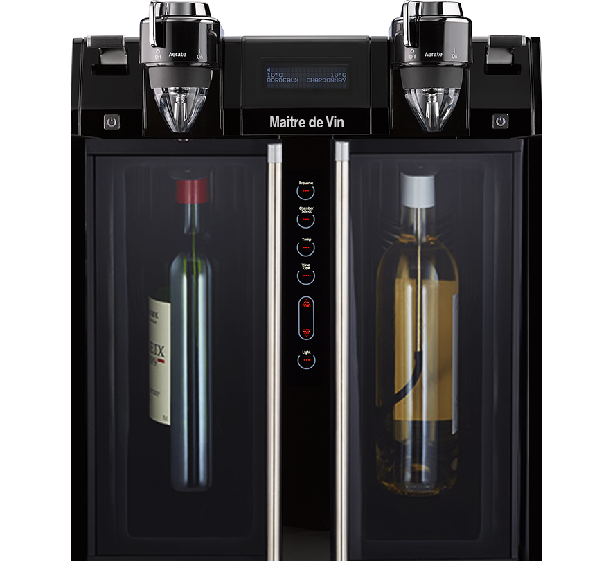 A wine preservation system with two bottles of wine stored inside, featuring digital controls and a display panel.