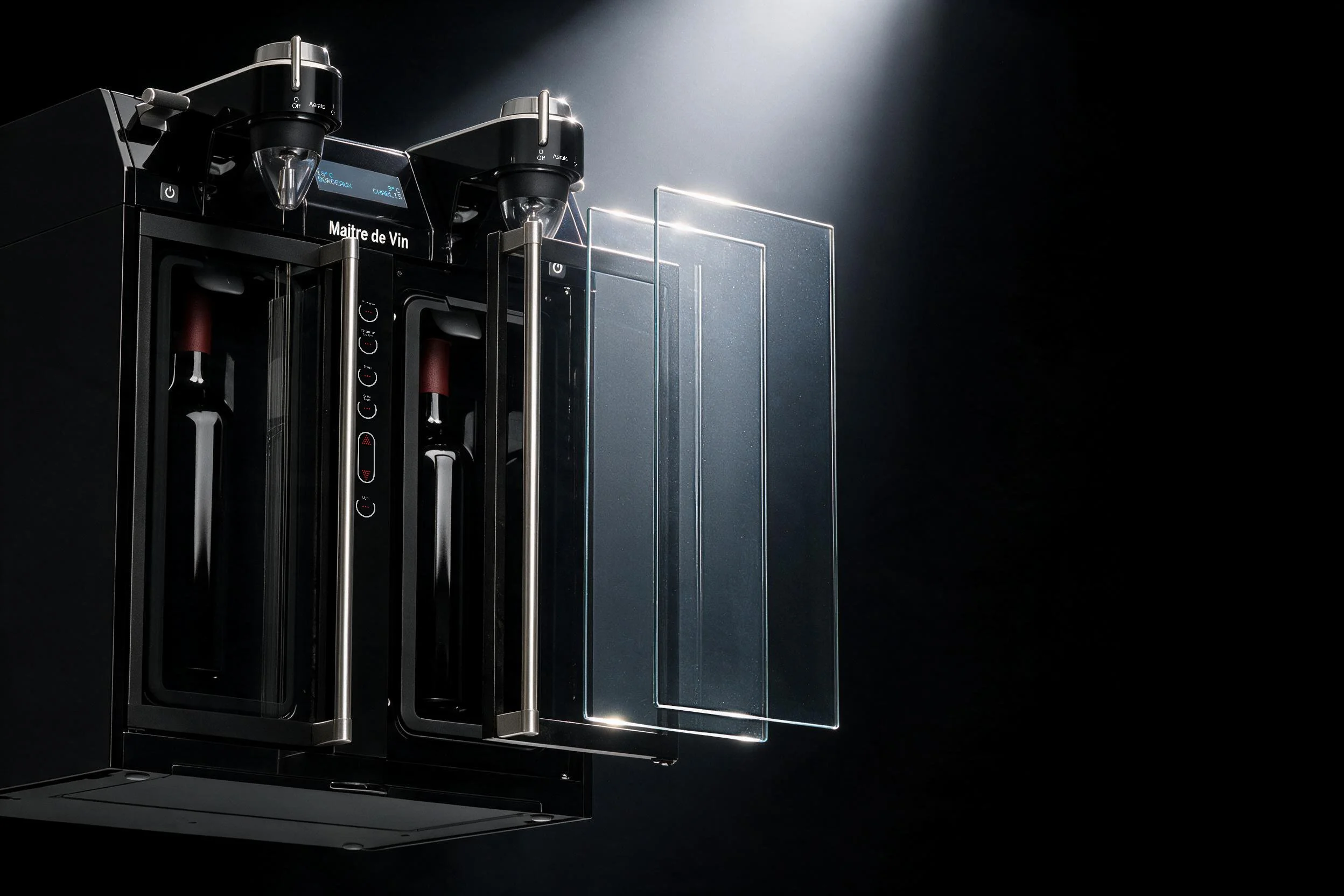 A modern, black kitchen appliance with a digital display and metal handles, set against a dark background with metallic accents.