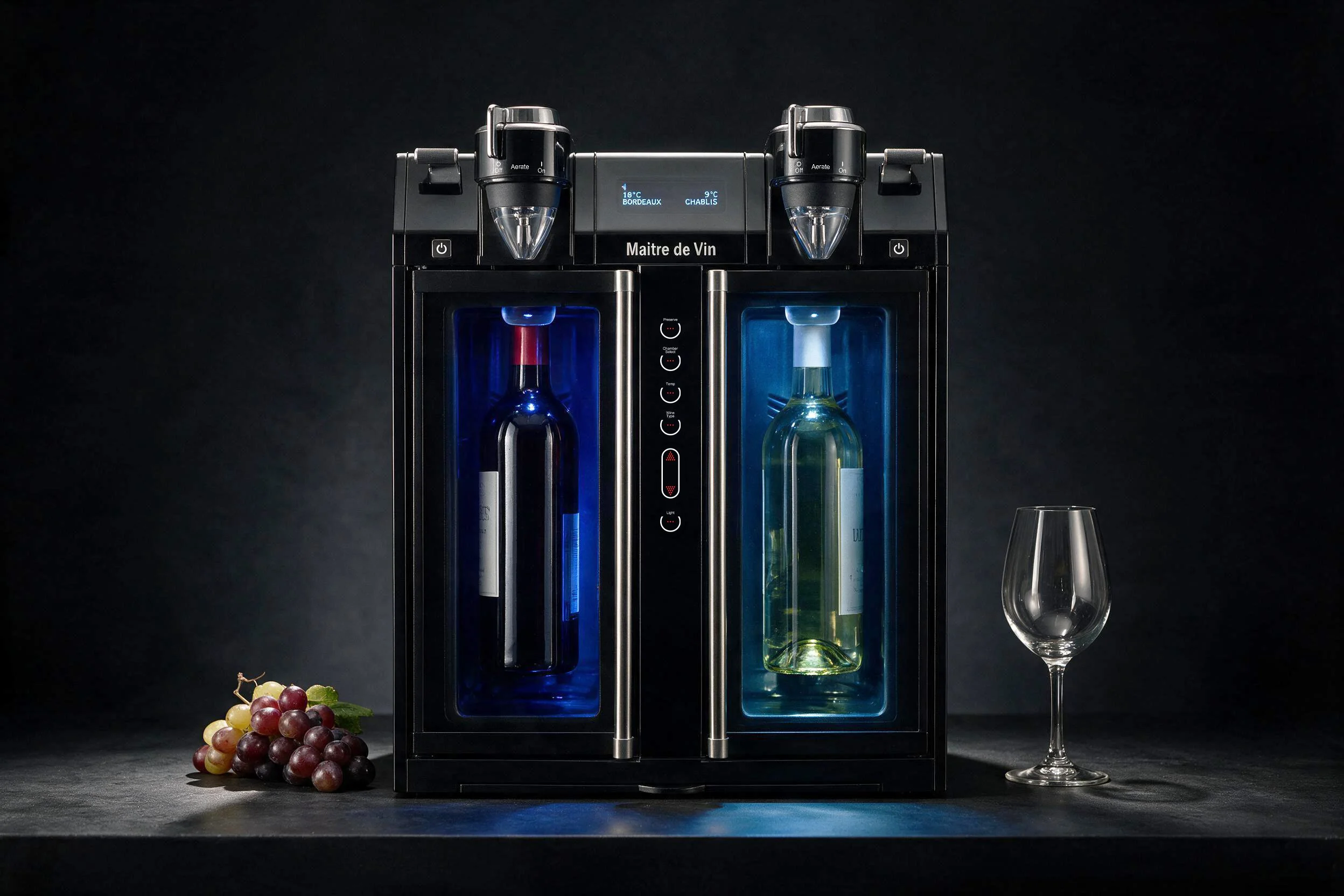 A sleek wine preservation machine with two glass bottles of wine inside, set against a black background. A bunch of grapes and a wine glass are placed in front of the machine.