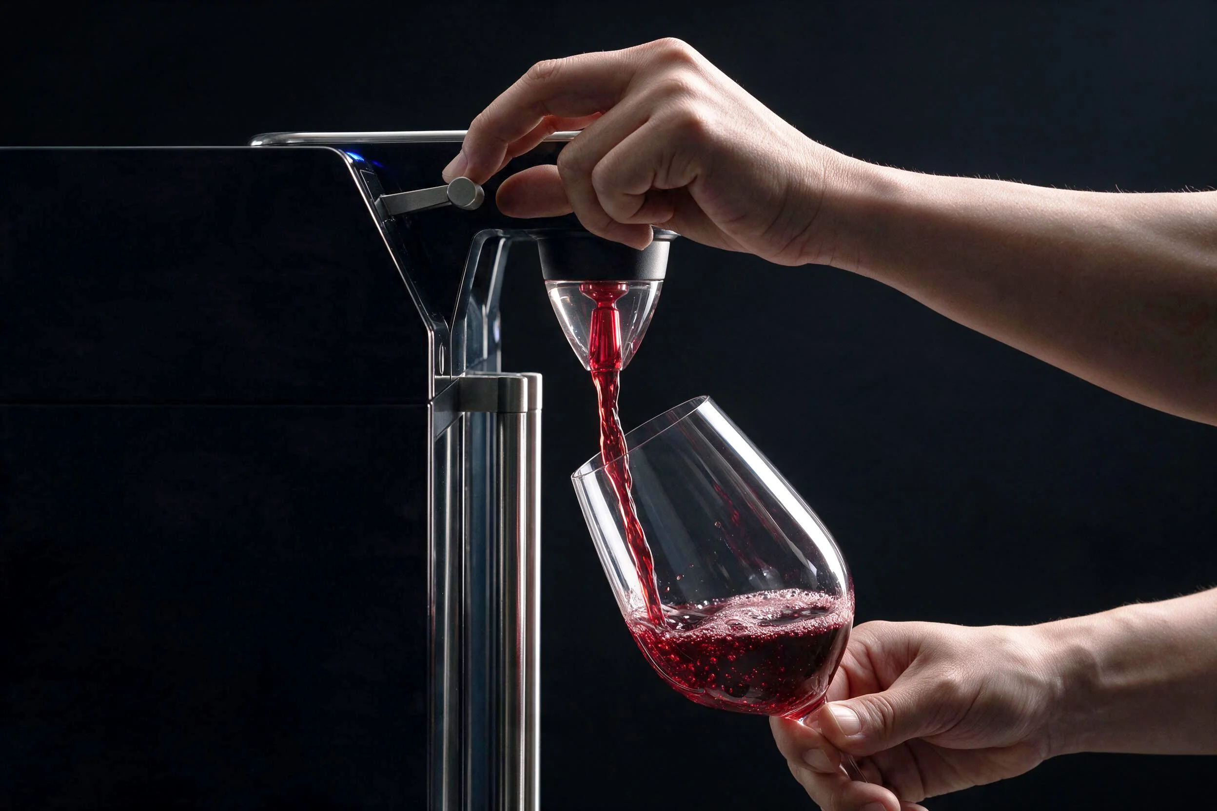 A hand holding a glass of red wine as it is being poured from a sleek, modern wine dispenser against a dark background.