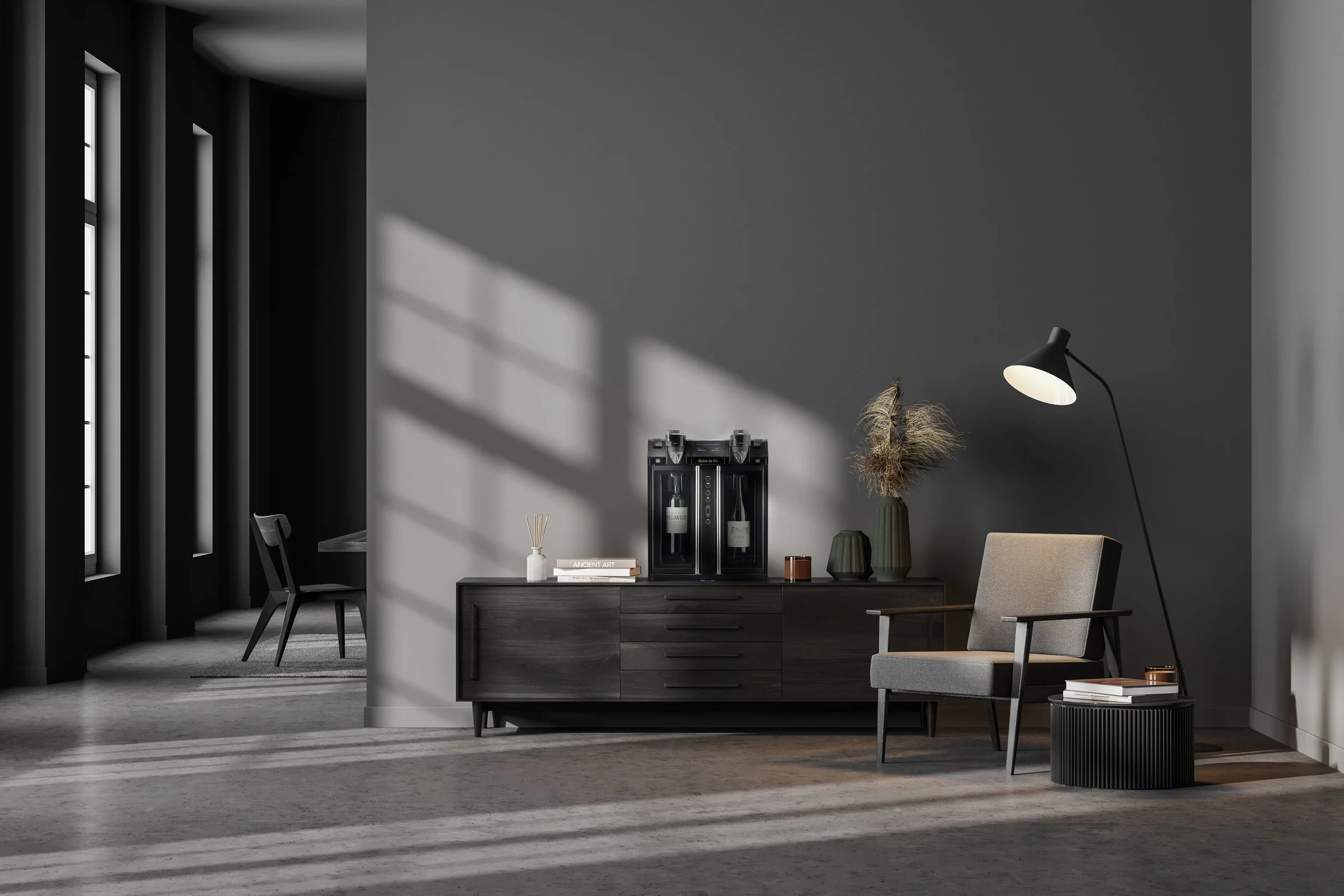 Modern interior living room with gray walls, black furniture, a glass cabinet with wine bottles, a beige armchair, a black side table, a decorative plant, a floor lamp, and a window with vertical blinds casting shadows.