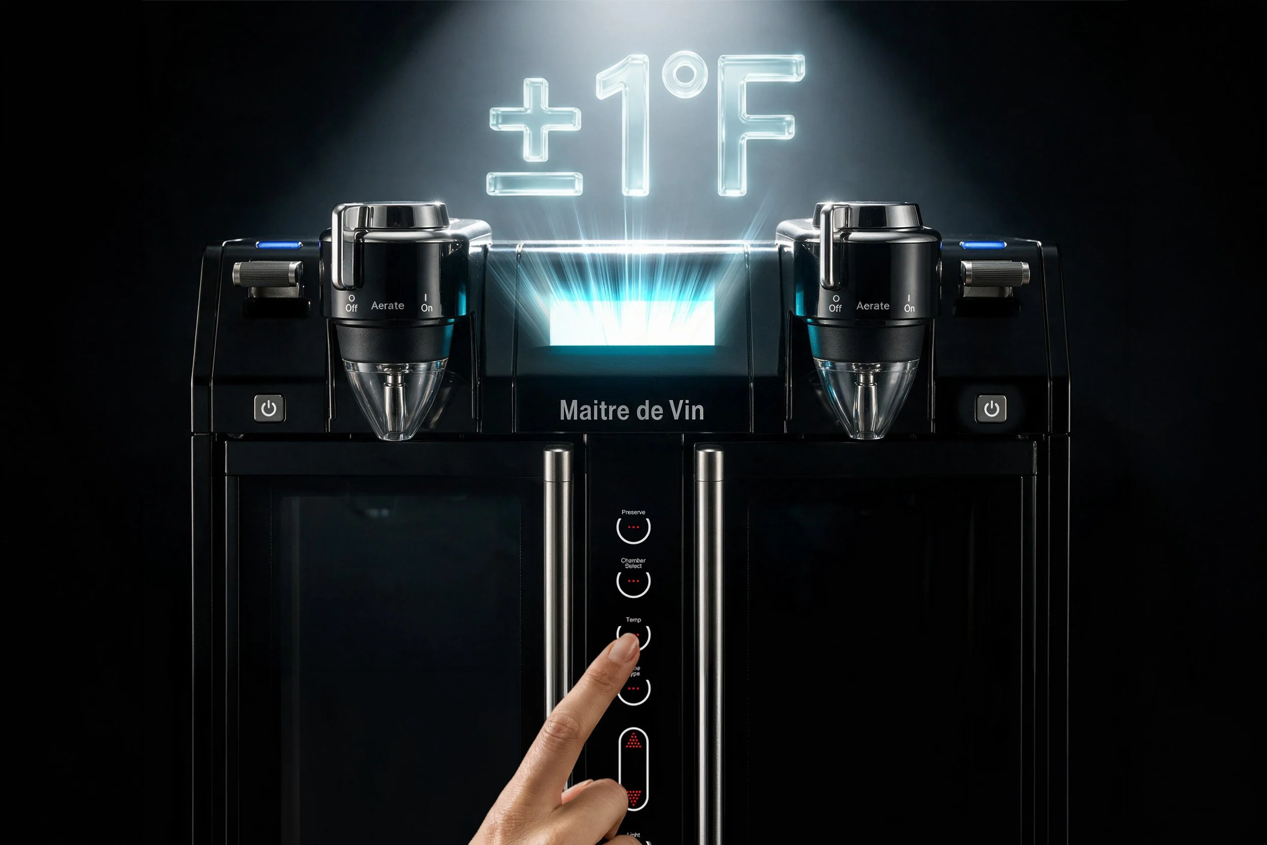 A person pressing the temperature control button on a modern home appliance, displaying a temperature of 1 degree Celsius or Fahrenheit, with digital interface and sleek black design.