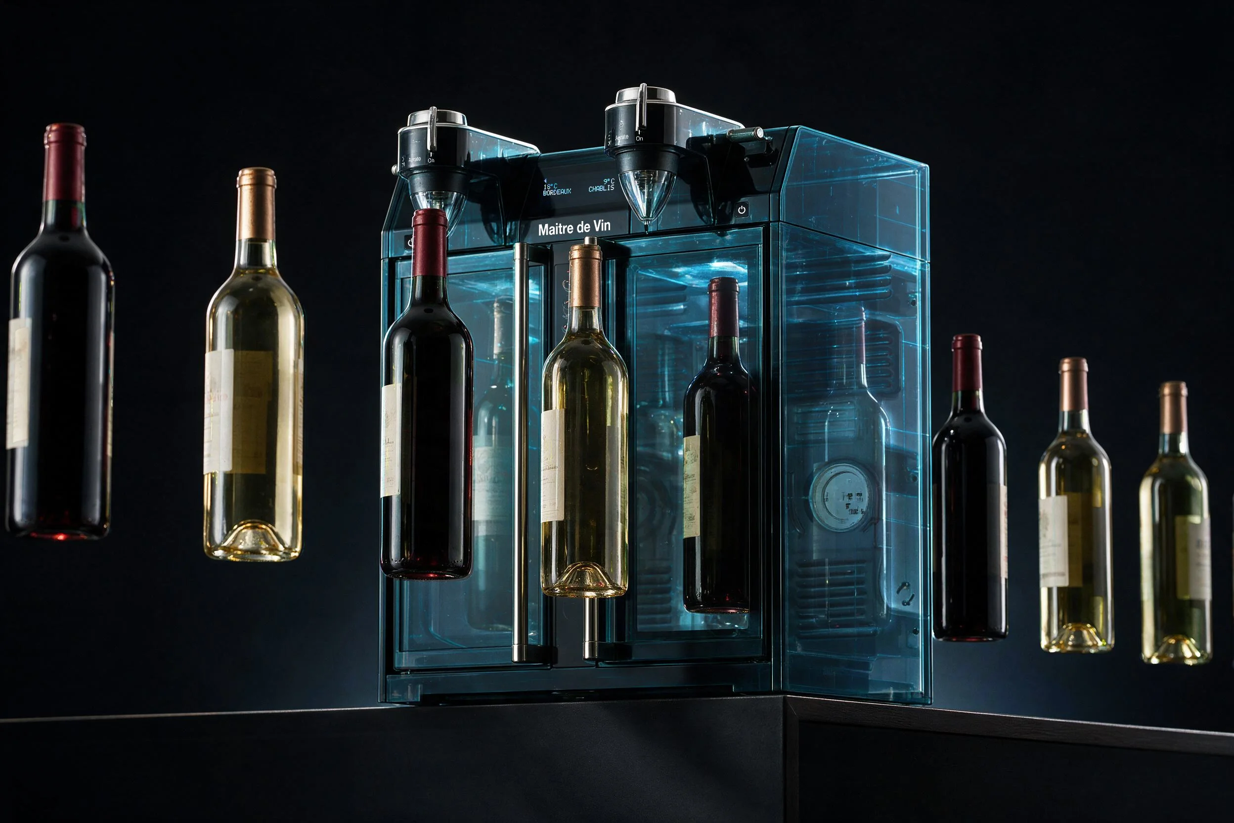 A futuristic machine labeled 'Maitre de Vin' surrounded by wine bottles against a dark background.