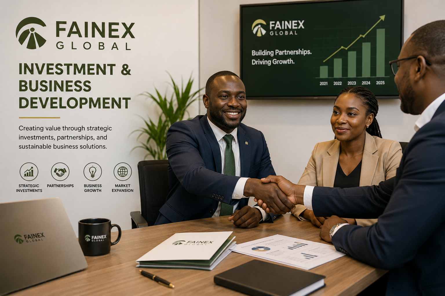 Three business professionals shaking hands at a meeting in an office, with a FAINEX GLOBAL banner and a screen showing growth charts in the background.