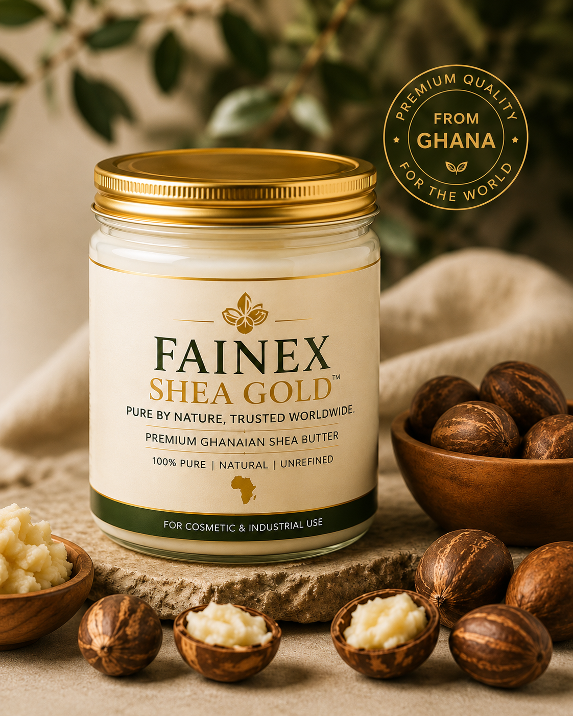 A jar of Fainex Shea Gold Ghanaian shea butter surrounded by shea nuts and small bowls of shea butter, with greenery in the background.