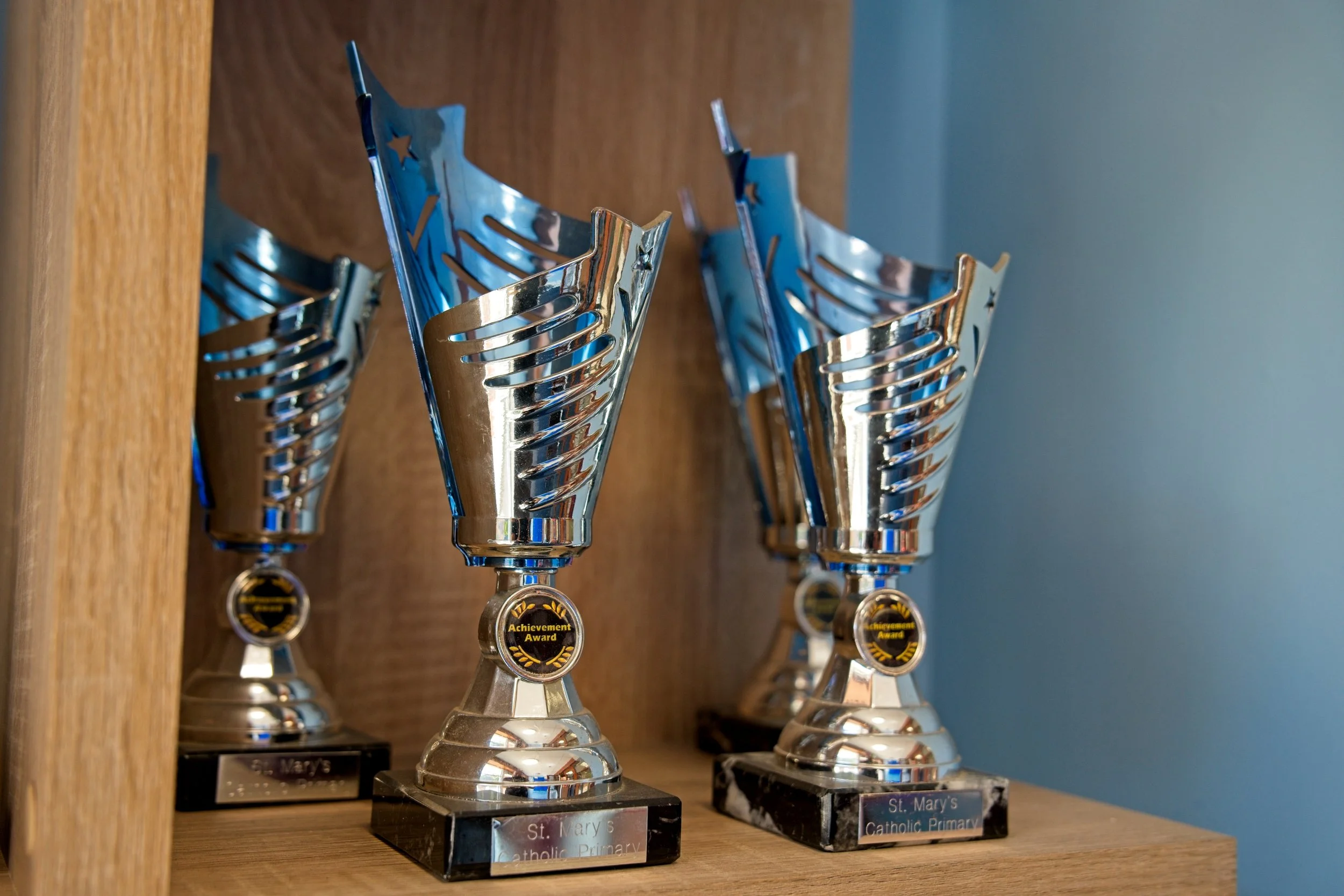 Trophy display cabinet at St Mary's Catholic Primary School, Southam