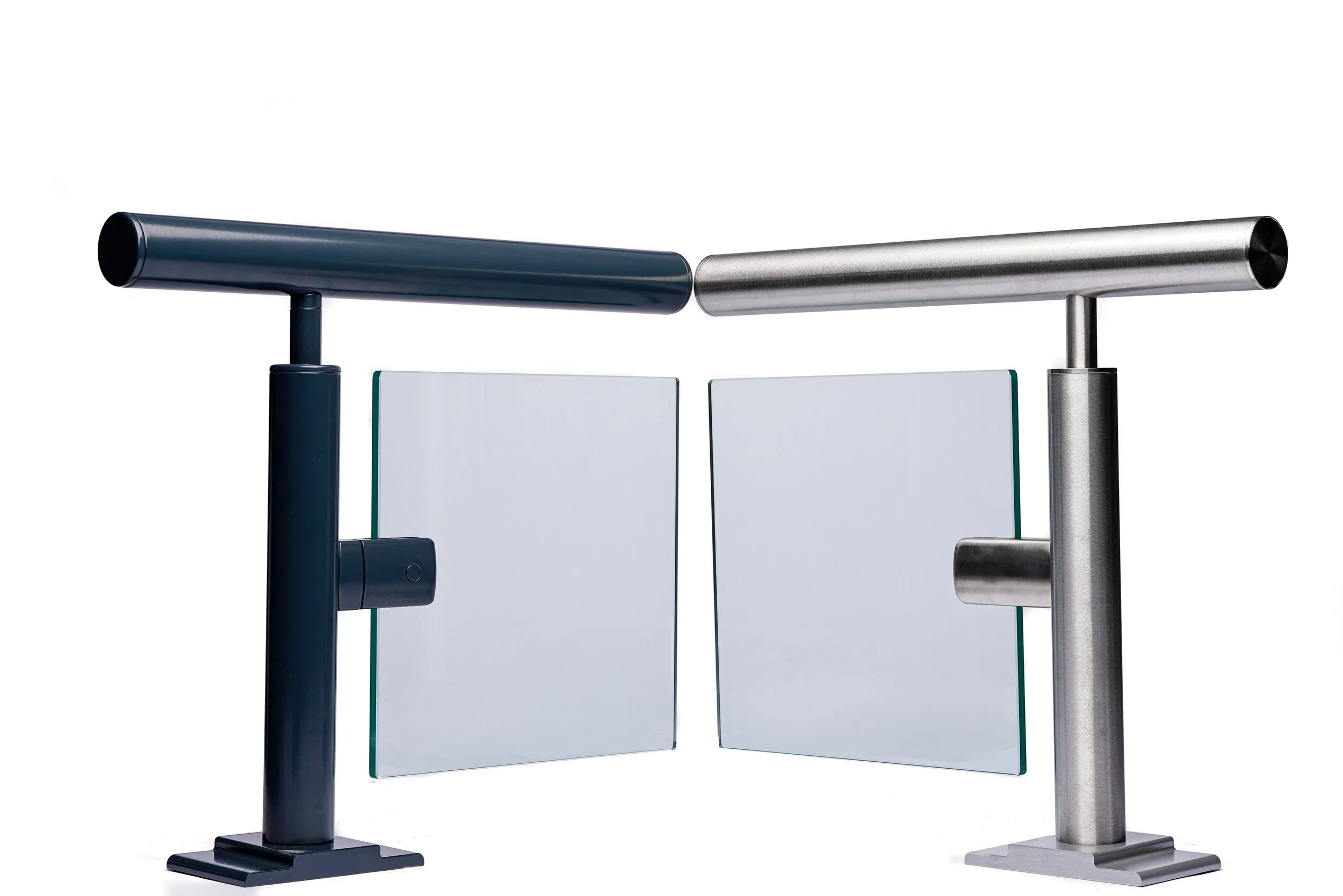 A set of modern overhead turnstiles with glass panels, used for access control at an entrance, featuring black and silver metallic finish. Product photography Warwickshire.