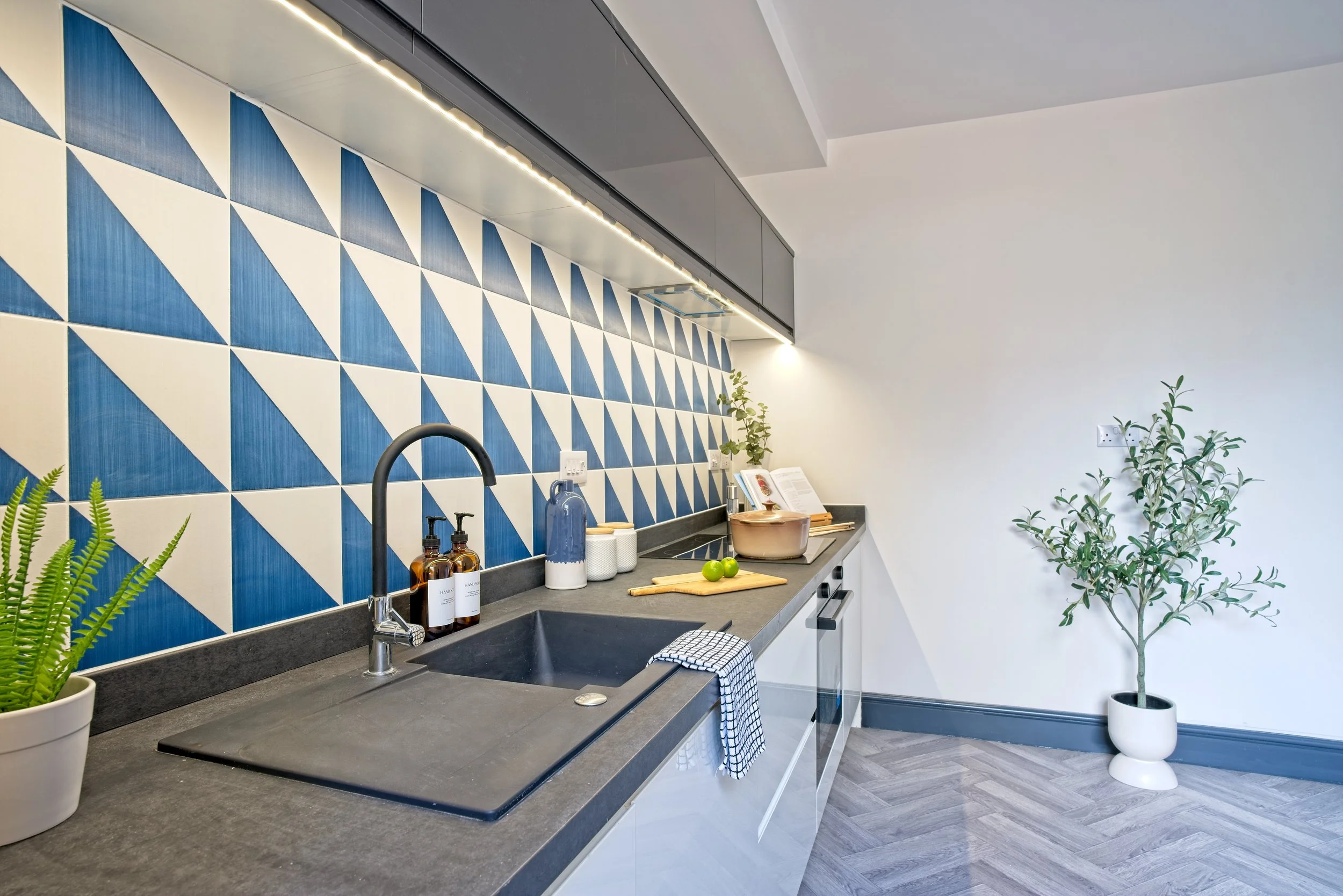 Modern kitchen with a black countertop, geometric blue and white tile backsplash, potted green plants, and various kitchen items on the counter. Property photography by photographer based in Southam, Warwickshire