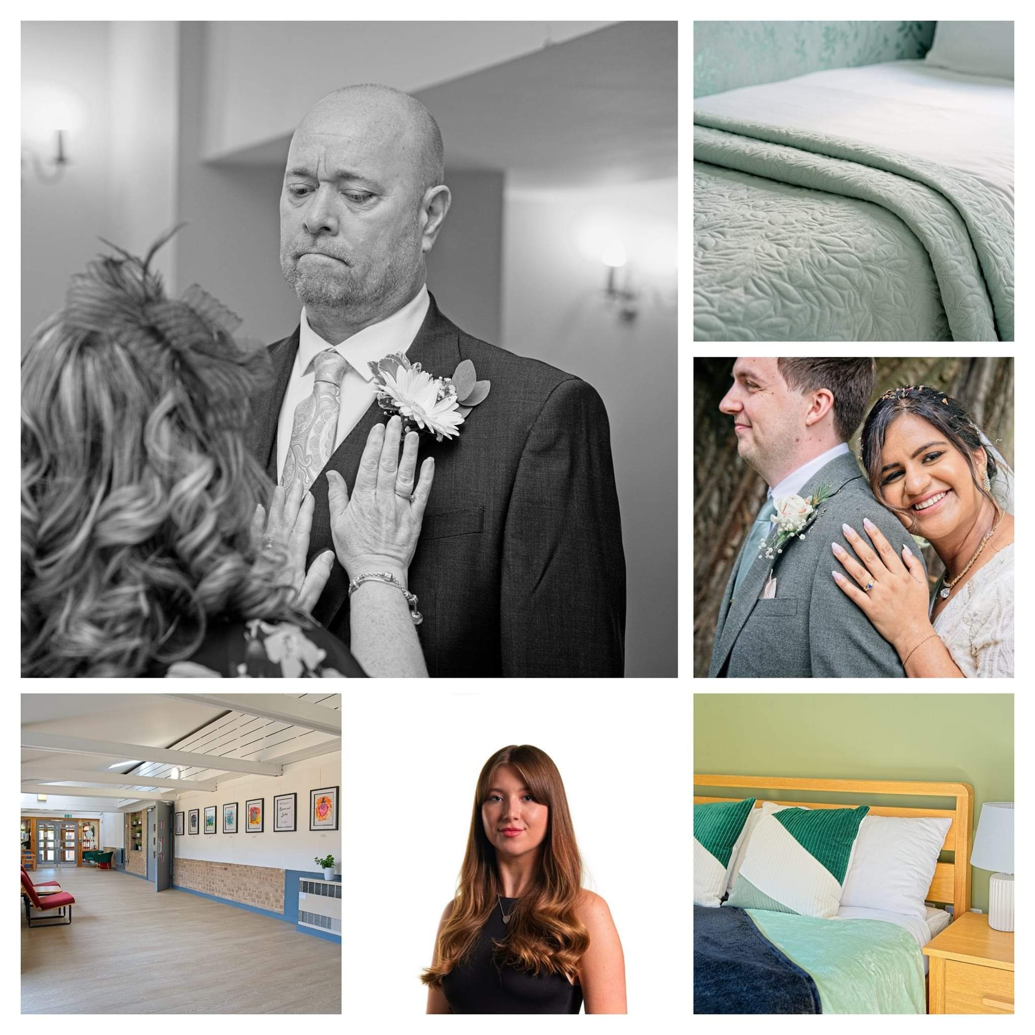 Sample photographs by Warwickshire based photographer showing range of services including weddings, portraits, real estate and schools.