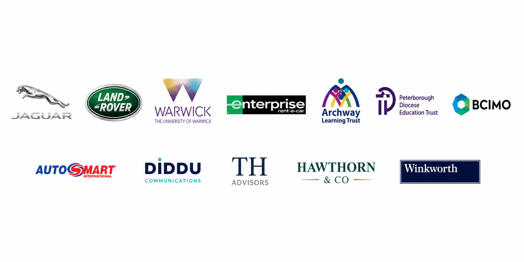 Collection of various company logos including Jaguar, Land Rover, Warwick University, Enterprise Rent-A-Car, Archway Learning Trust, Peterborough Diocesan Education Trust, BCIMO, Autosmart, Diddu Communications, TH Advisors, Hawthorn & Co, and Winkworth.