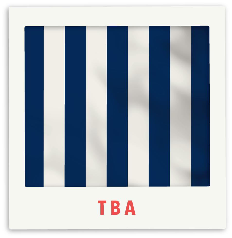 Et bilde i en ramme av ett polaroid bilde av en hvit og mørke blå stiripede flagg. Teksten under bildet i rammen er "TBA".