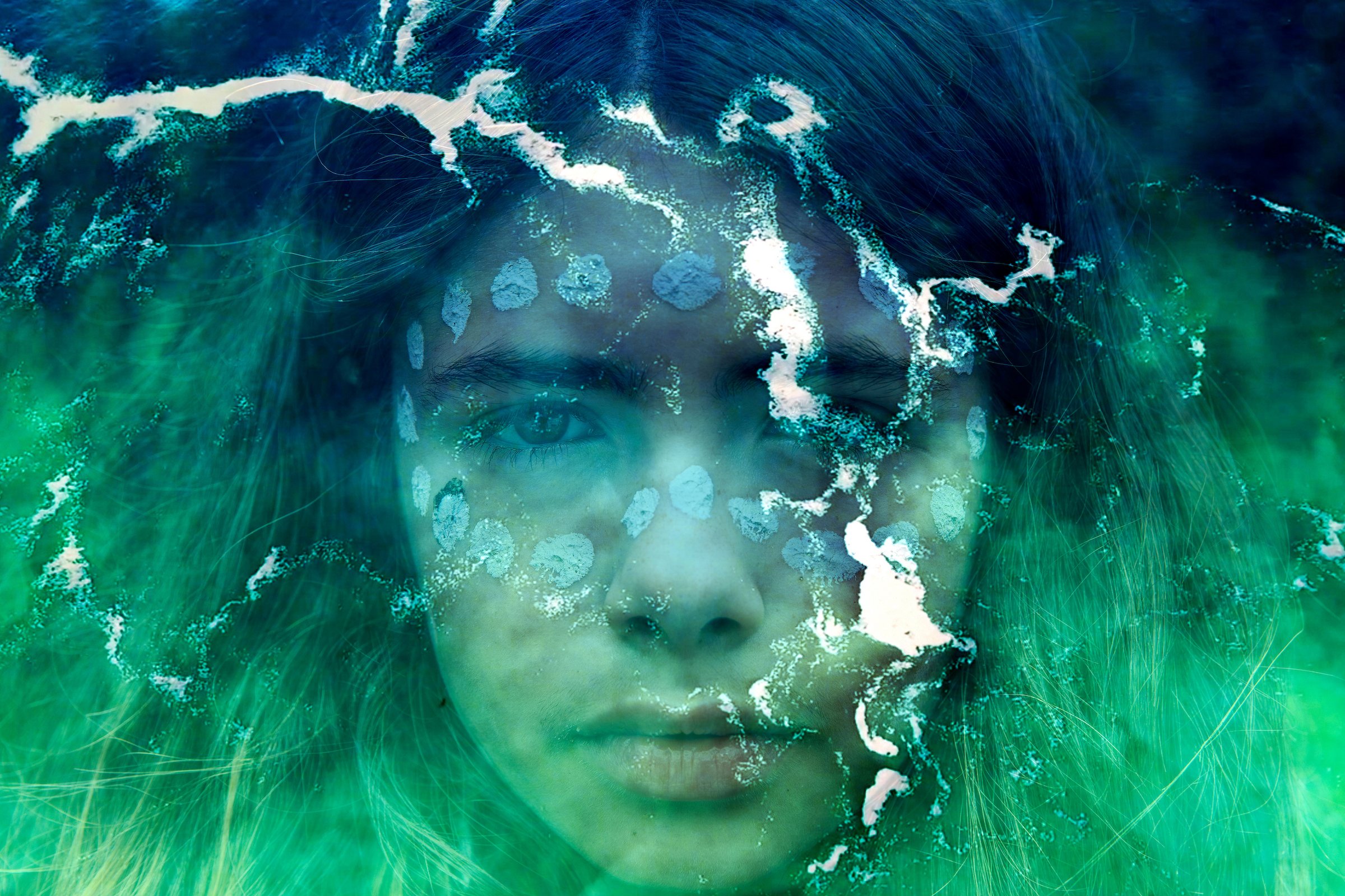 Abstract digital artwork of a woman's face with long hair, blended with nature elements like water and green hues, overlaid with scientific or technological lines.