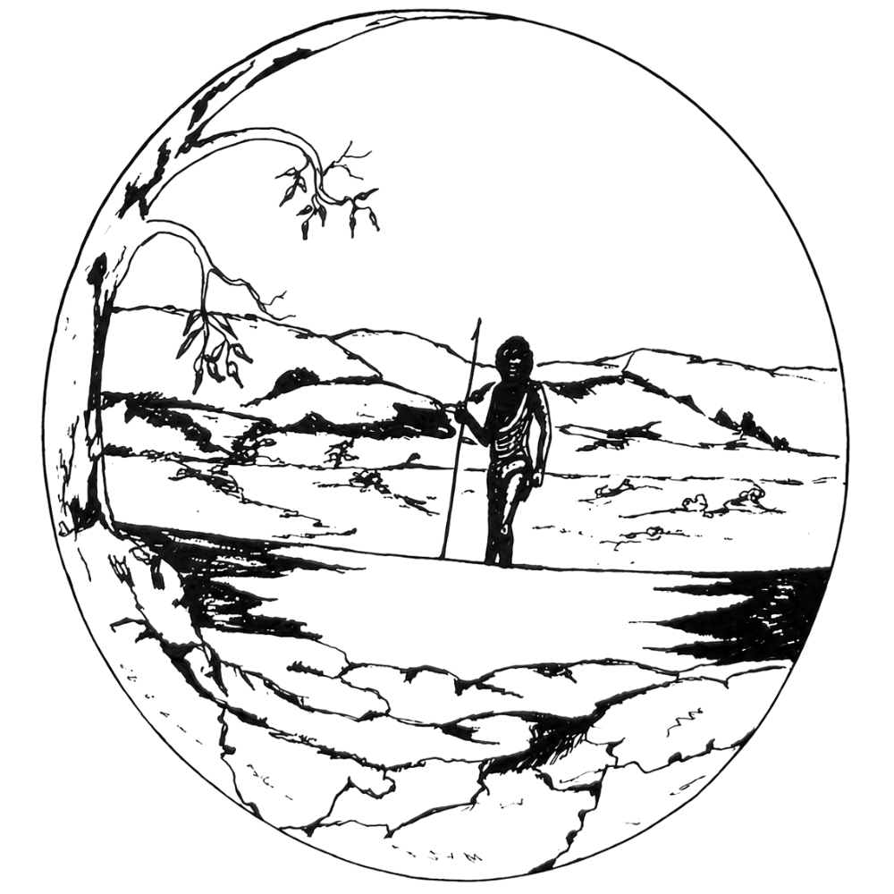 Stylized brown tree with swirling branches and scattered leaves and dots on a black background.