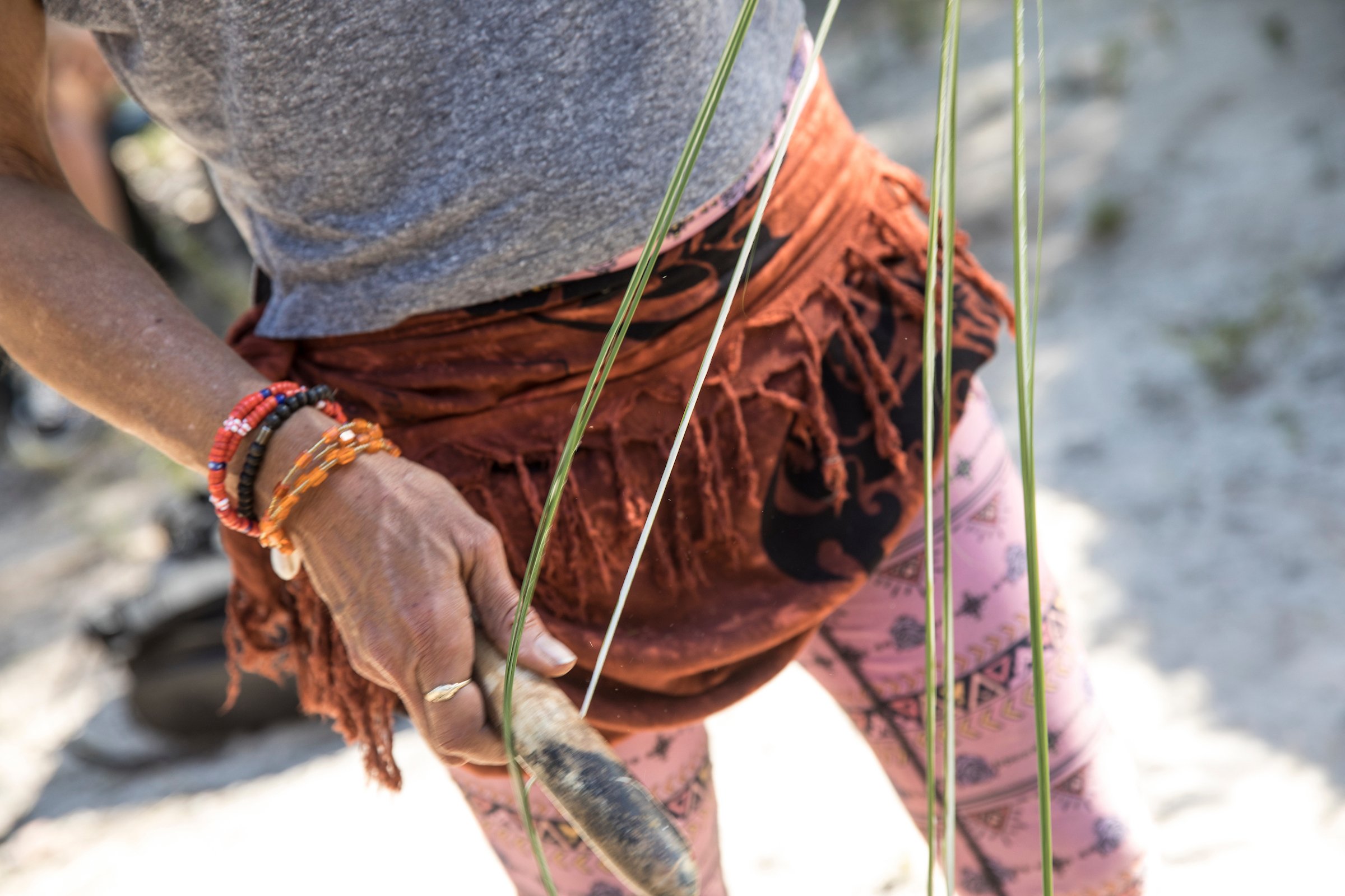 Close-up of a person wearing multiple beaded bracelets, using a tool to plant or tend to tall, slender green plants outdoors. The person's clothing includes a gray top and pink patterned fabric.
