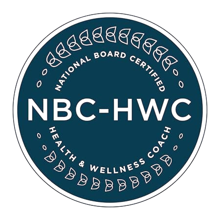 Close-up of a blue certification badge with the text "NBC-HWC" and "National Board Certified Health & Wellness Coach" around the edge.
