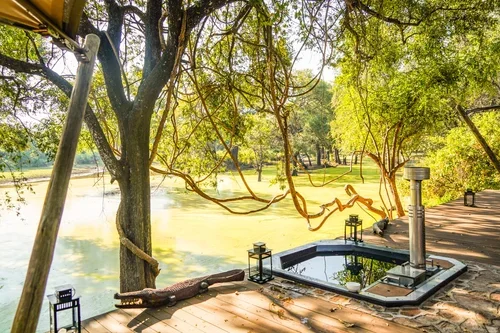 A lakeside scene with a wooden deck, lanterns, a large tree with ropes for a swing, and lush green trees in the background on a sunny day.