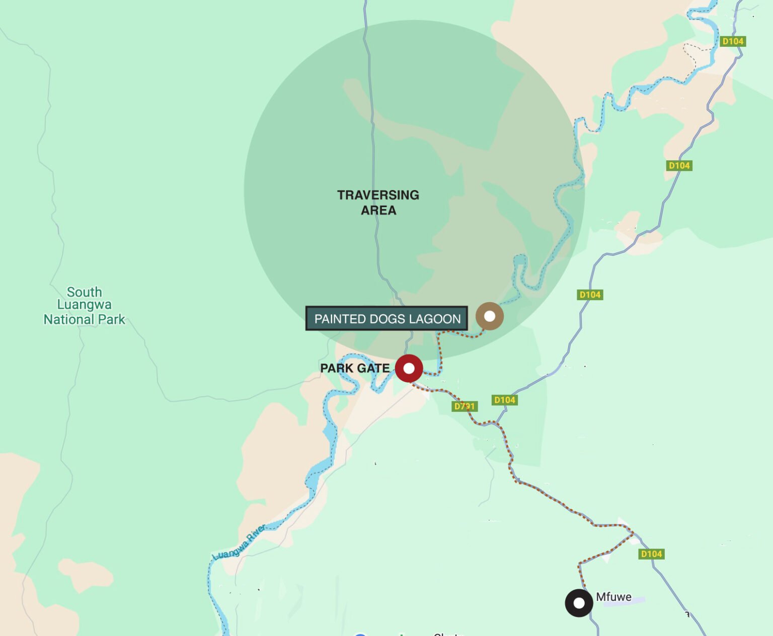 Map showing a traversing area in South Luangwa National Park with a park gate, painted dogs lagoon, and a route leading to Mfuwe.