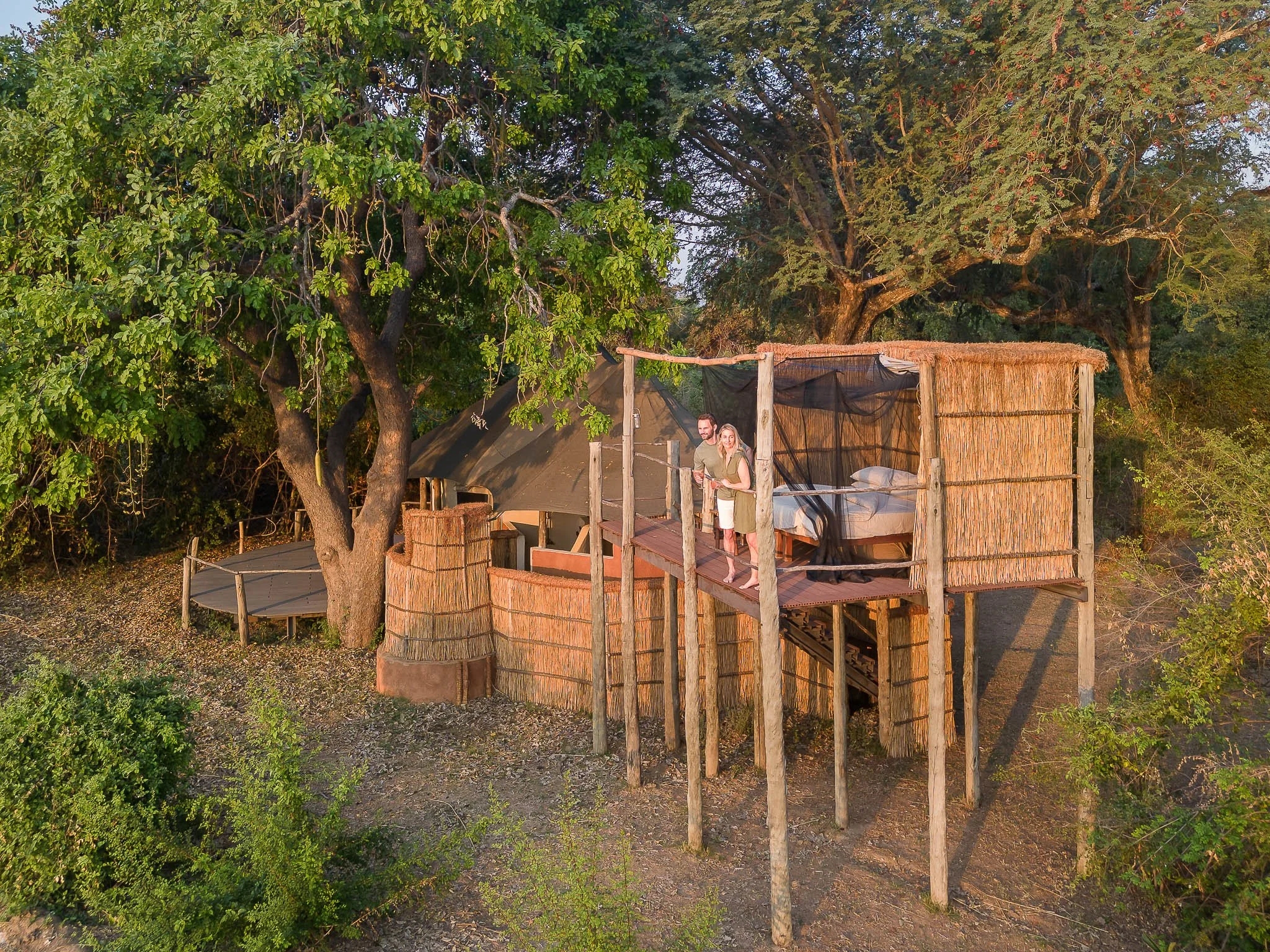A treehouse built on large trees with a thatched roof bedroom and a small porch with a railing, situated in a lush green environment.