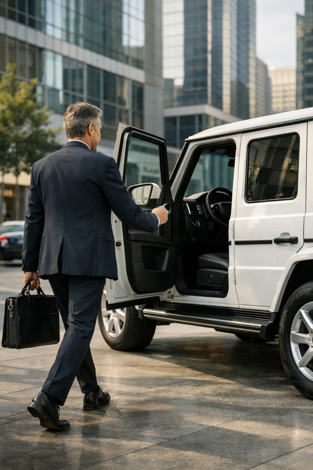 A businessman in a suit with a briefcase stepping into a white luxury SUV in an urban area with tall glass buildings.
