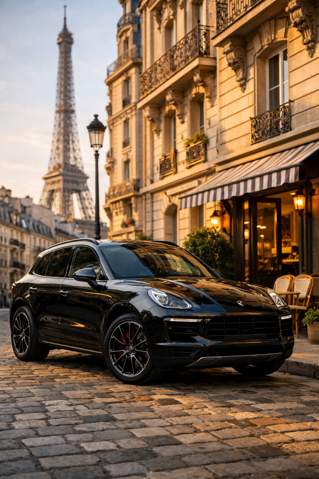 A black Porsche SUV parked on a cobblestone street in Paris near a cafe, with the Eiffel Tower in the background during sunset.