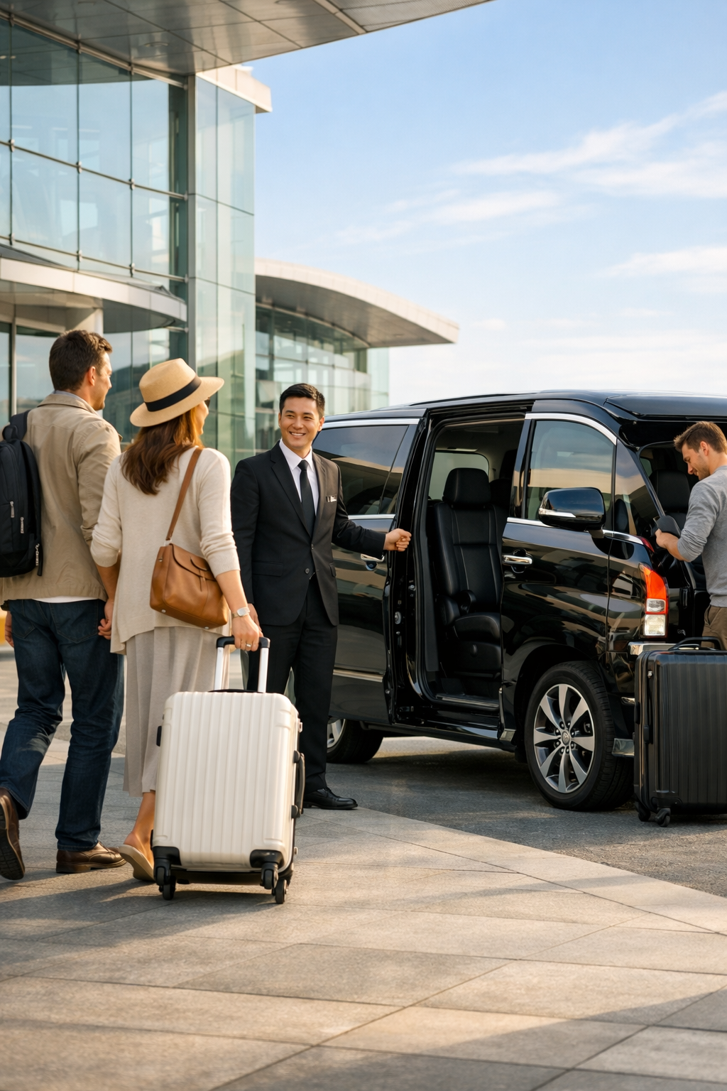 Group of travelers arriving at an airport, with a driver helping them with luggage.