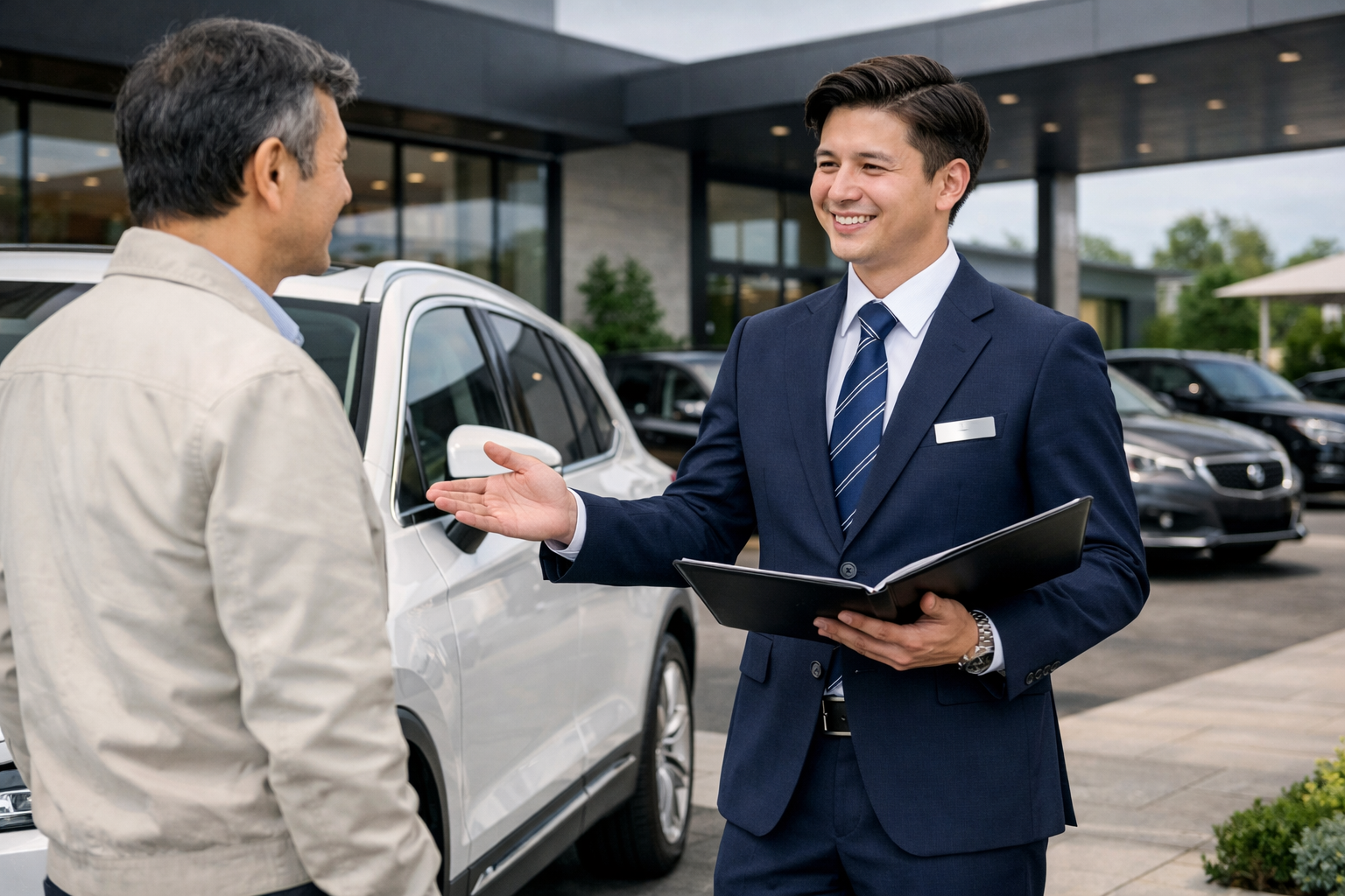 A man in a suit and tie teaching a customer about a white SUV at a car dealership.