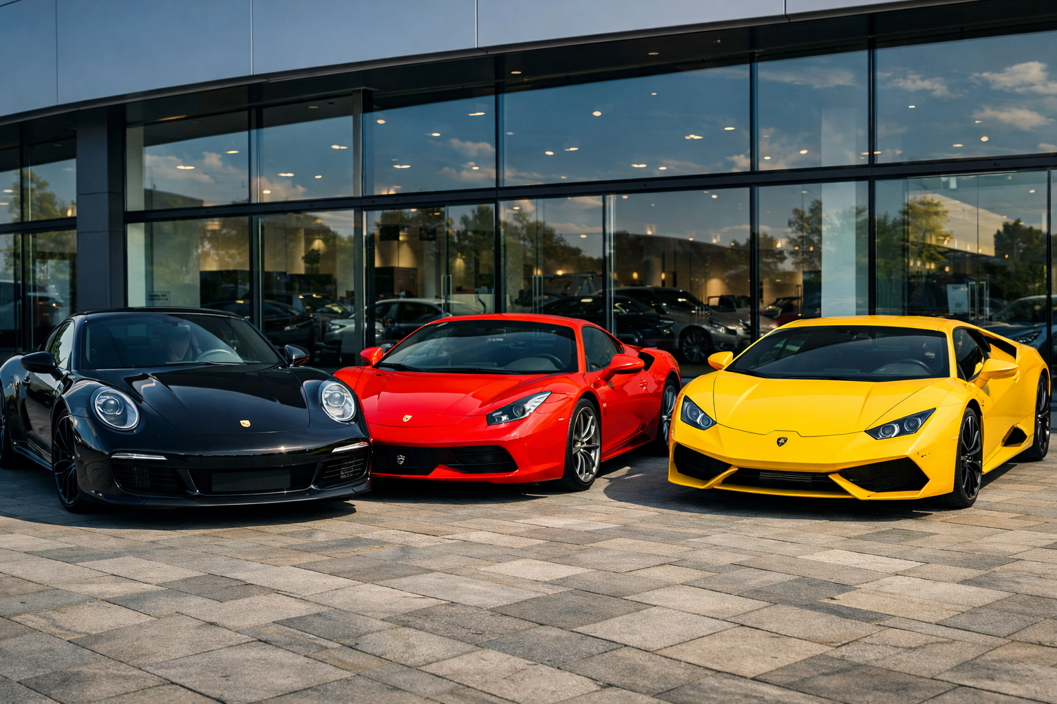 Three luxury sports cars parked outside a car dealership, including a black Porsche, a red Porsche, and a yellow Lamborghini, in front of a glass building reflecting the sky.