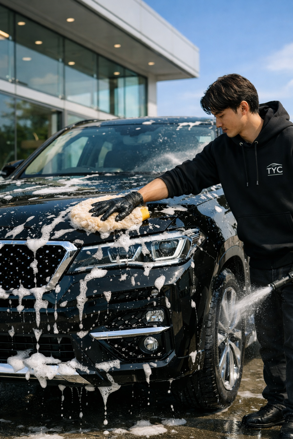 A man in a black hoodie cleaning a black car with a sponge, with soap suds and water on the vehicle, outside a modern building.