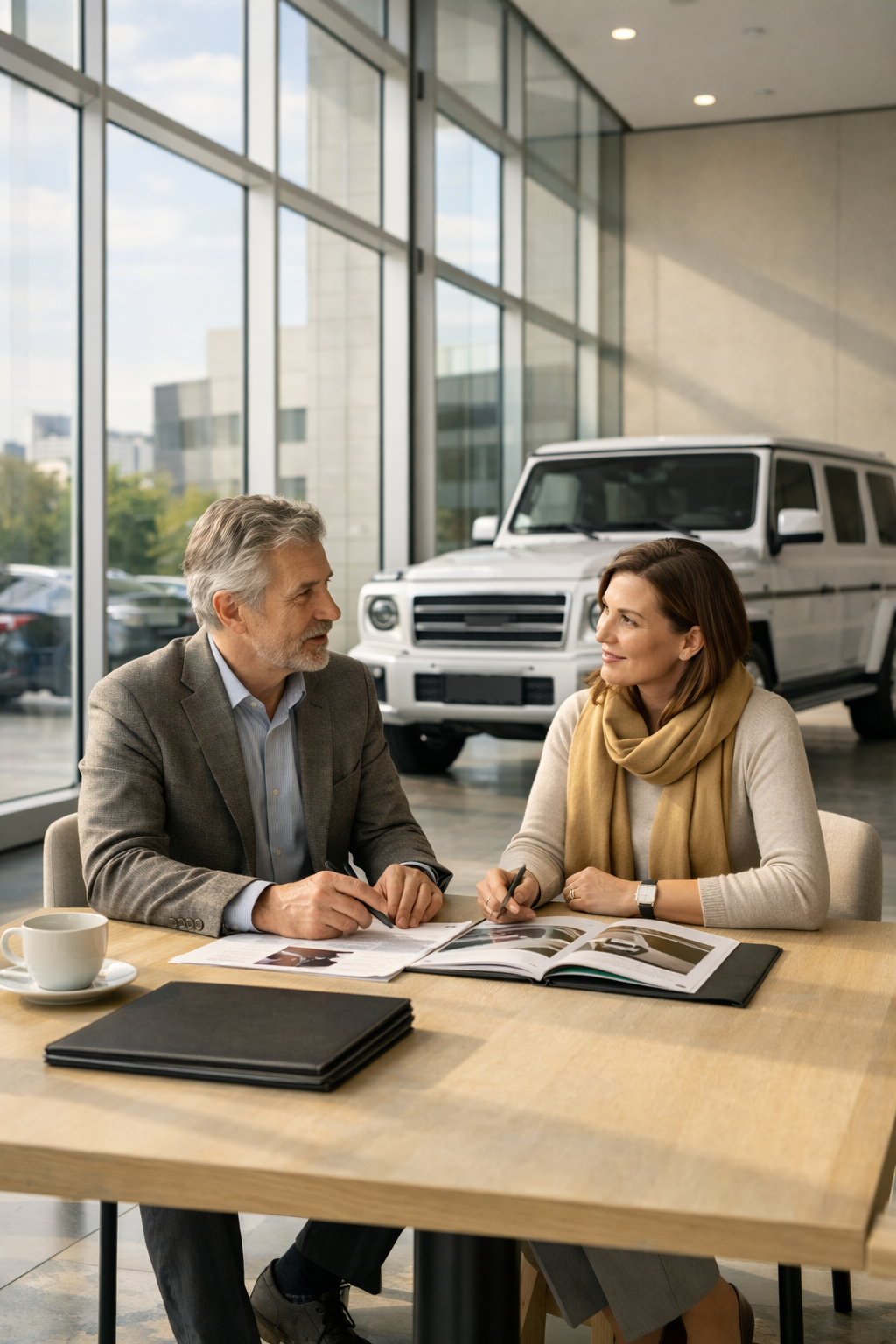 A man and woman sit at a table in a car dealership office, discussing paperwork with a luxury white SUV in the background.