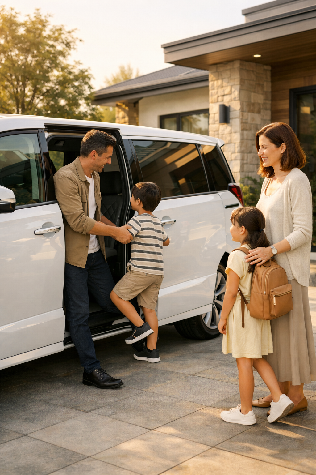 A happy family saying goodbye to a man as he gets into a white SUV, during golden hour sunlight, in front of a modern house with stone facade, trees are in background.