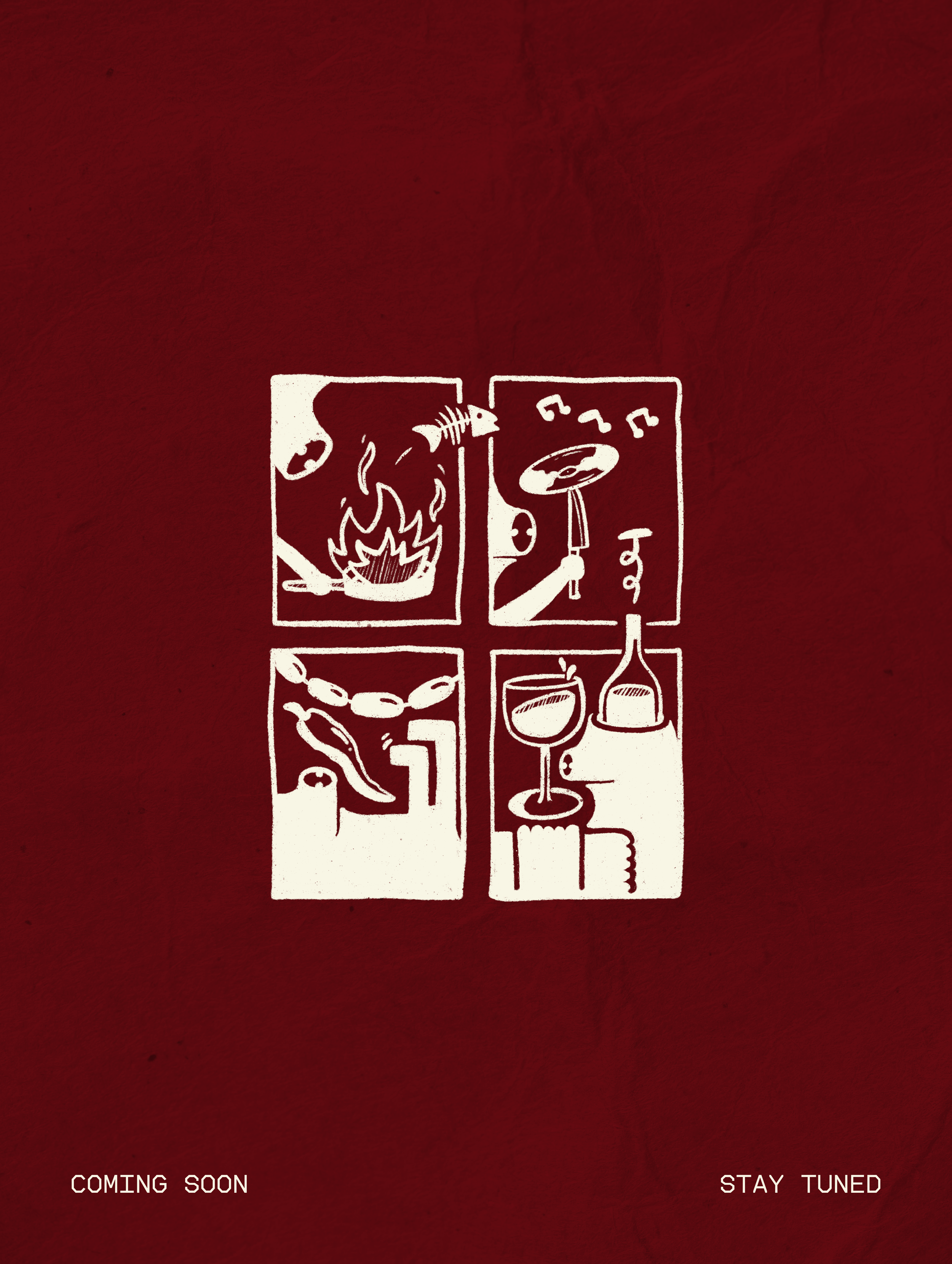 A dark red background with white illustrations and text. The illustrations depict a flaming skull, a hand holding a cymbal, a chain, a beaker, and a flask. The text reads "COMING SOON" on the bottom left and "STAY TUNED" on the bottom right.