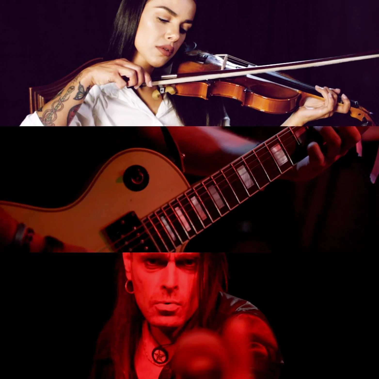 Immagine composta da tre sezioni. La prima mostra una donna con tatuaggi che suona il violino, la seconda una chitarra elettrica, e la terza un uomo con lunga capigliatura e un simbolo pentagramma al collo, con un'illuminazione rossa.