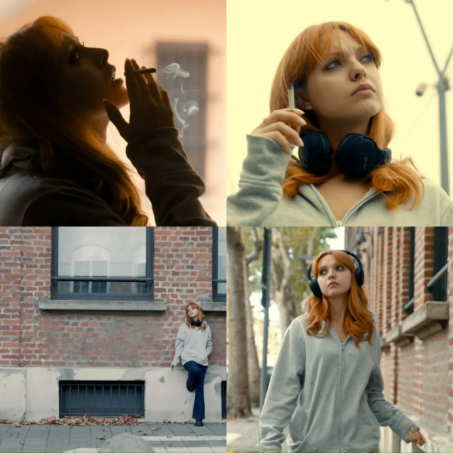 Una donna con i capelli rossi porta le cuffie, si vede in quattro scene diverse: mentre fuma, al telefono, che si appoggia a un muro di mattoni e mentre passeggia per strada.