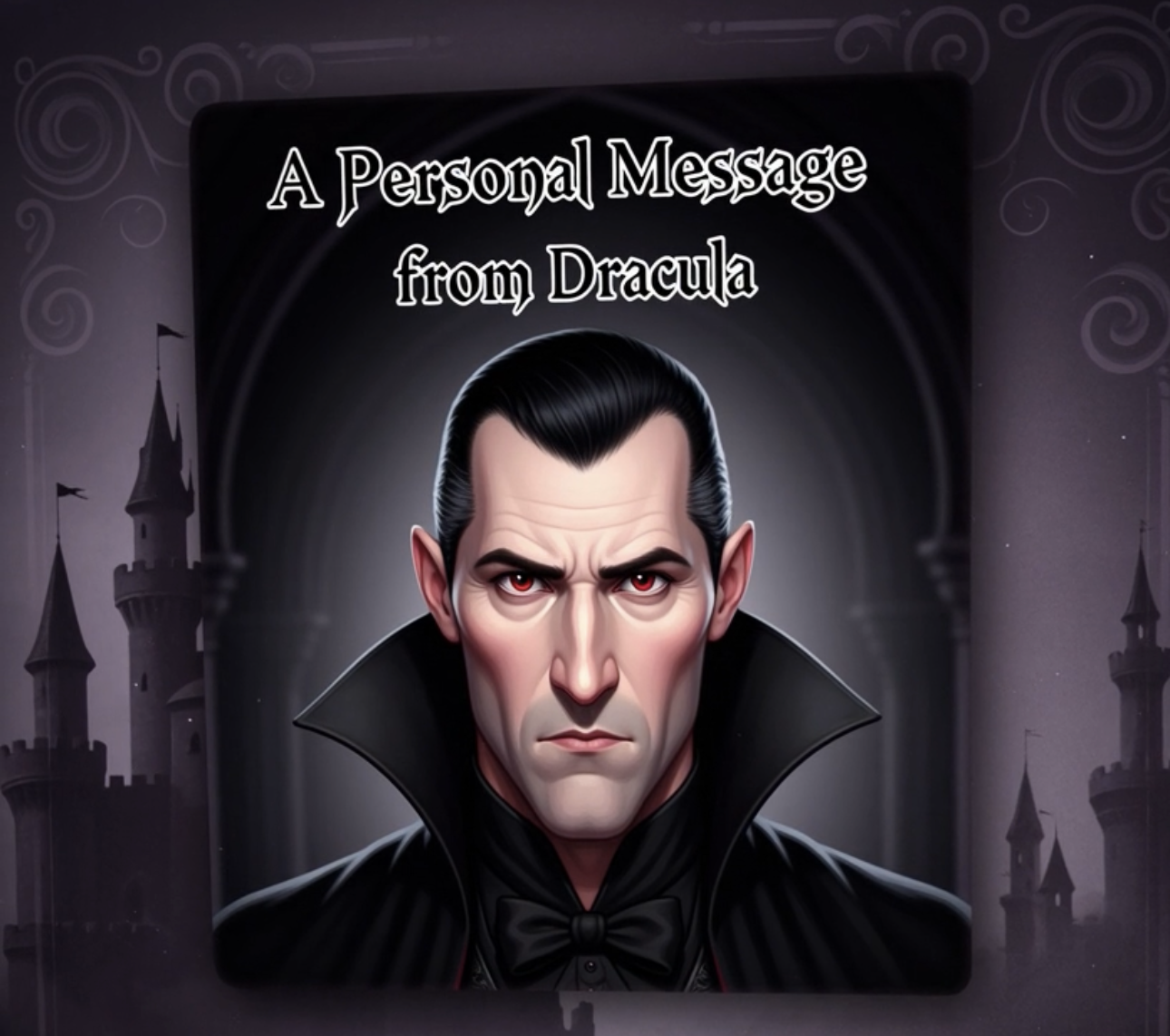 Digital illustration of Dracula with a stern expression, dark hair, pale skin, red eyes, wearing a black cape with a high collar, set against a dark castle background with swirling patterns, and a title that reads 'A Personal Message from Dracula'.