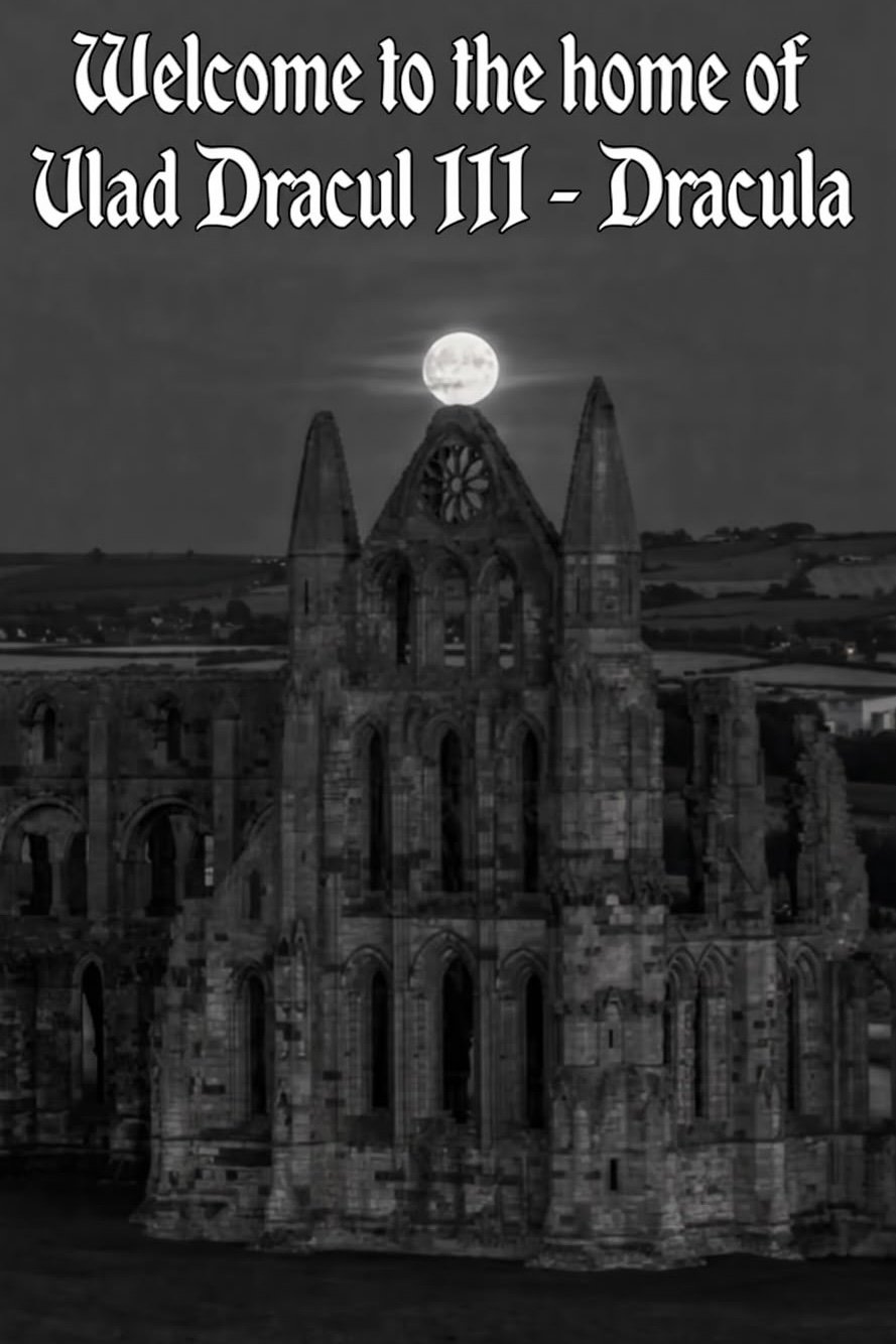 A black and white photo of ancient ruins at night with the moon in the sky, and the text "Welcome to the home of Vlad Dracula 111 - Dracula" at the top.