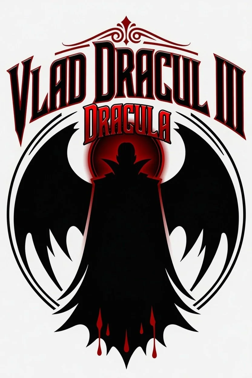 Logo for 'Vlad Dragul II' featuring a silhouette of a figure with bat-like wings, a dark cloak with blood drips, and red and black color scheme.