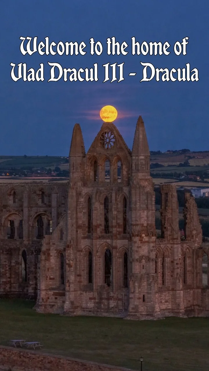 An old stone church ruins with a full moon in the sky behind it, and a text overlay saying "Welcome to the home of Vlad Dracul 111 - Dracula"