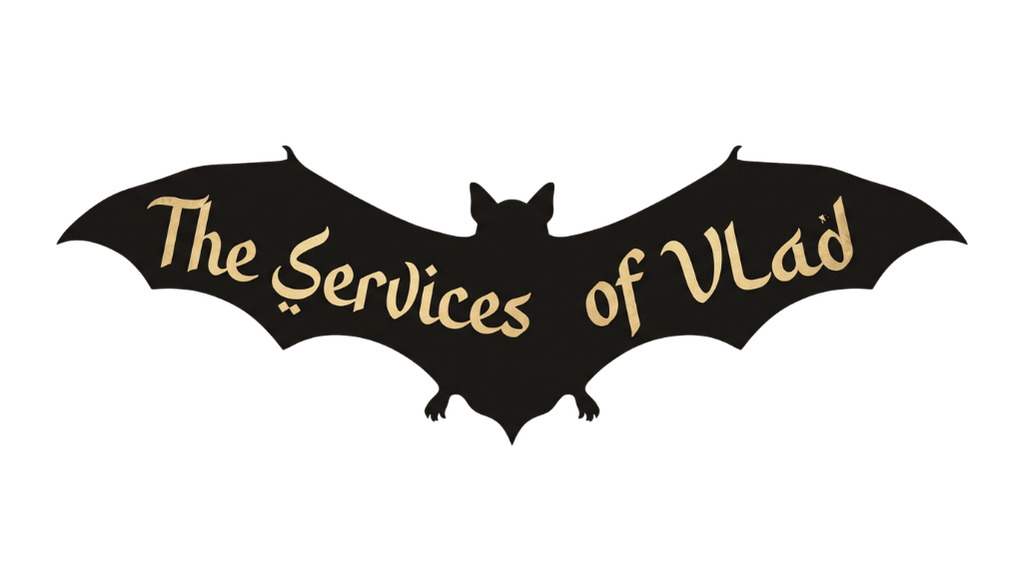 Bat-shaped logo with the text 'The Services of Vlad' written in a stylized font.