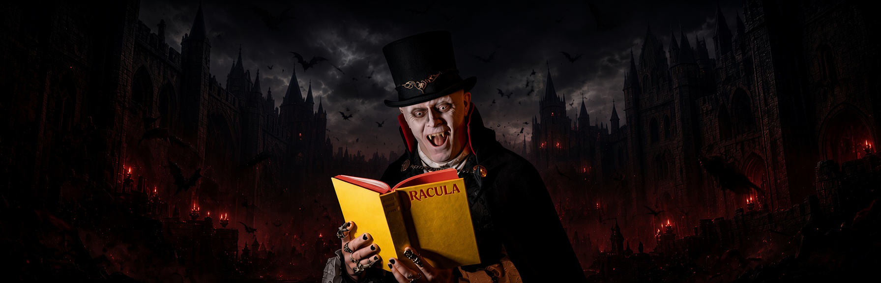 Vlad Dracul III - Dracula vampire in a top hat reading a Dracula book in a dark Gothic castle surrounded by bats and red candlelight