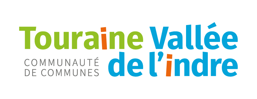 Logo de la communauté de communes Tournaine Vallée de l'Indre, avec le texte en couleurs vert, bleu, nero et orange.