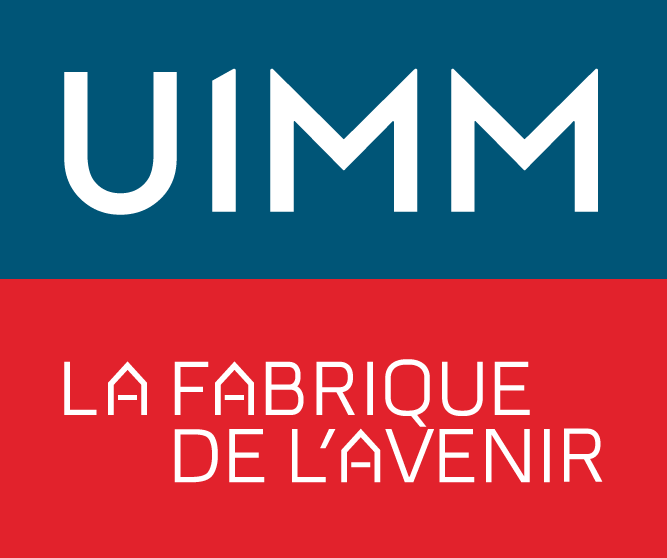Logo avec le texte 'UIMM La Fabrique de l'Avenir' en blanc sur un fond bleu et rouge.